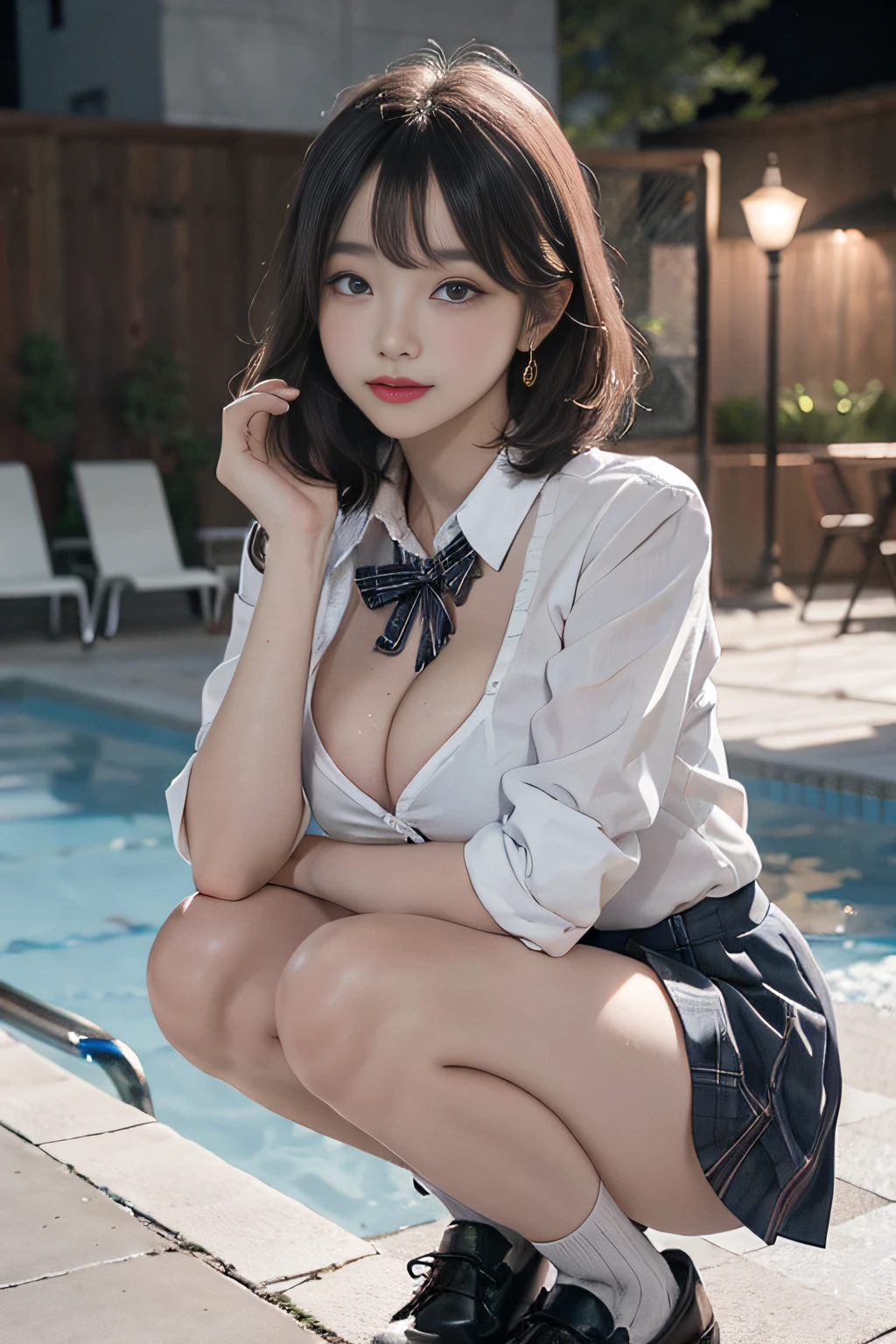 Best quality, RAW photos, super high resolution, gentle smile, 16 years old Korean, very big breasts, cleavage, tie, ribbon, school uniform, collared shirt, school uniform shirt, plaid skirt, fair skin, shiny white skin, short bob, bright silver hair, bright gray hair, neatly matched bangs, beautiful eyes, beautiful eyes of random colors, very thin lips, beautiful eyes with details, elongated eyes, pale pink blush, long eyelashes, beautiful double eyelids, eyeshadow, earrings, night school, dim poolside at night, squatting, open legs