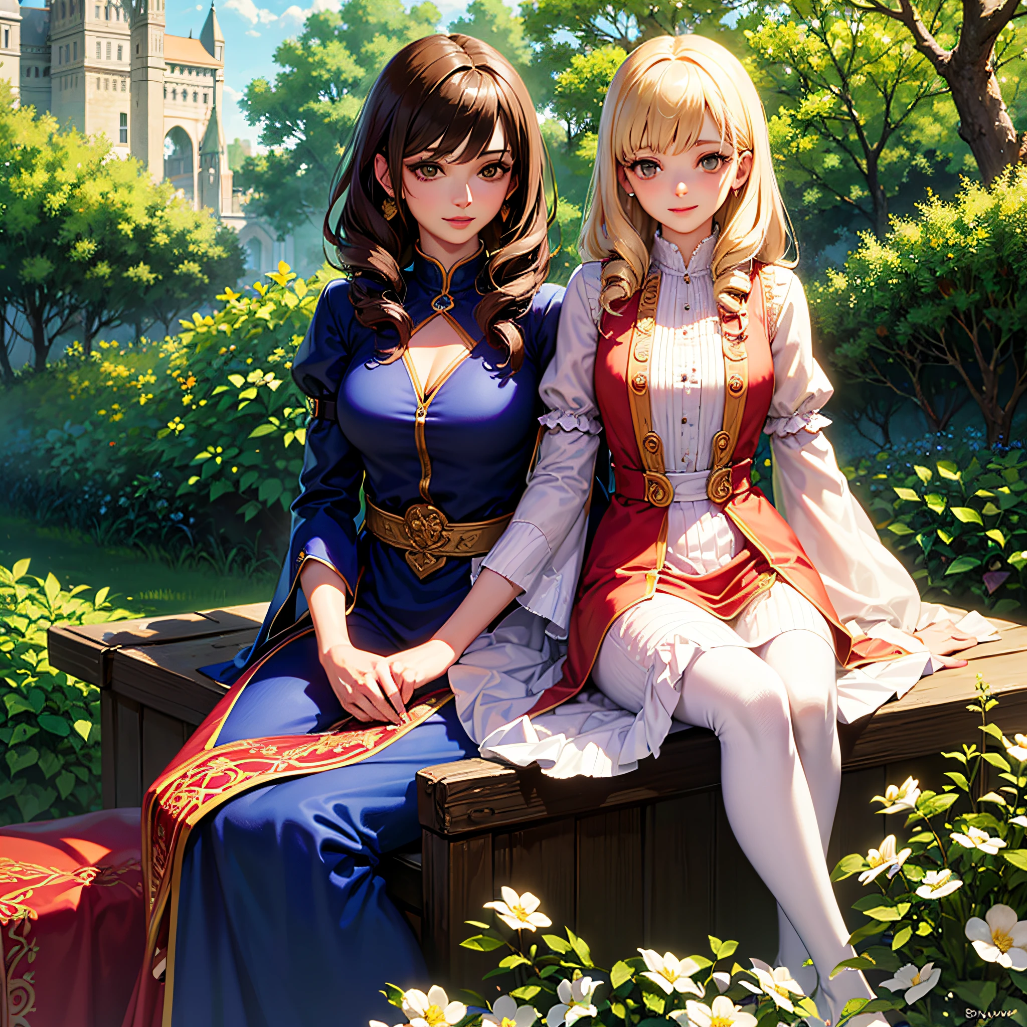 princess with blonde curly hair, with a flushed face, sparkling brown eyes, silk clothes, sitting in a flowering garden in the background of a magical castle, high quality image, realistic