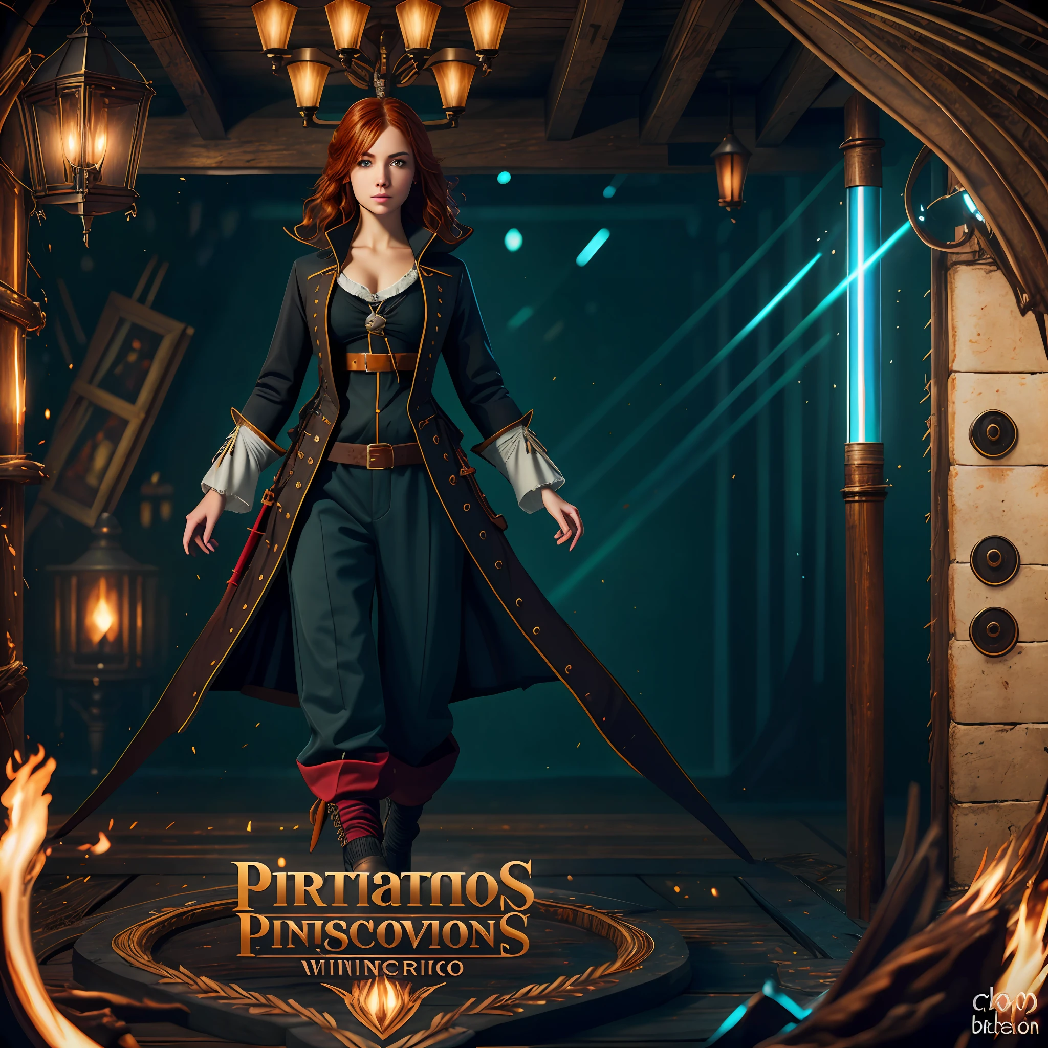 beautiful ginger women in detailed full body length lather pirate's suit, long lather pants, lather jacket, air above hair, IPA award wining, masterpiece, ultimate lighting, art by top 5 artstation artists, spectacular view, chromatic aberration, glaring lather, ambient occlusion, bouncing lights, sharp focus, sharp contrast, best backlighting,