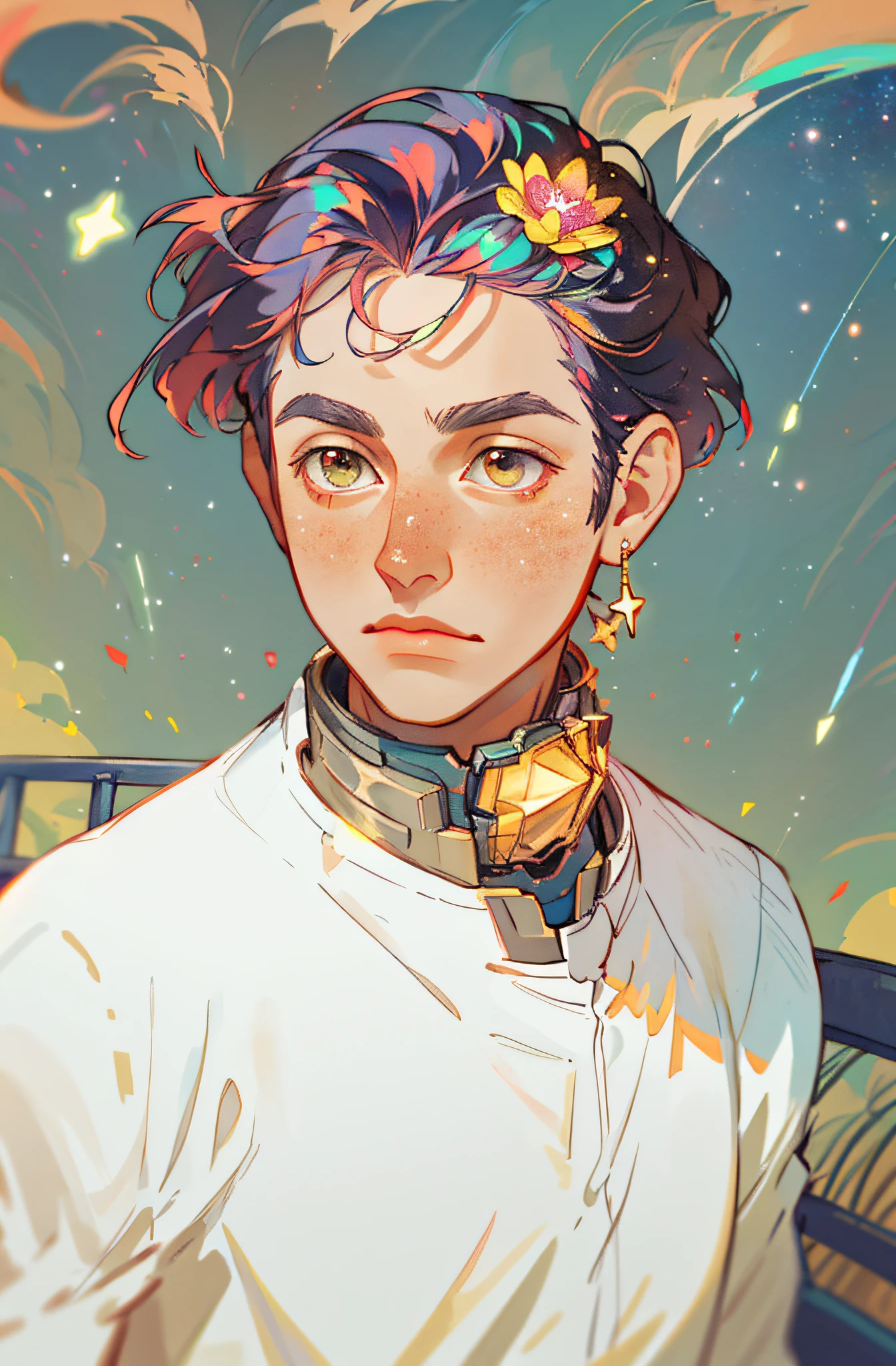 HD, (Best Detail) (Best Quality), Detailed Facial Features, Galaxy, Glitter, Particle, Wind, Flower, Hair Ornament, Multicolored Hair, Solo, Jewelry, Starry Sky, Sky, Stars, Milky Way, There is a man standing by the fence holding a mobile phone