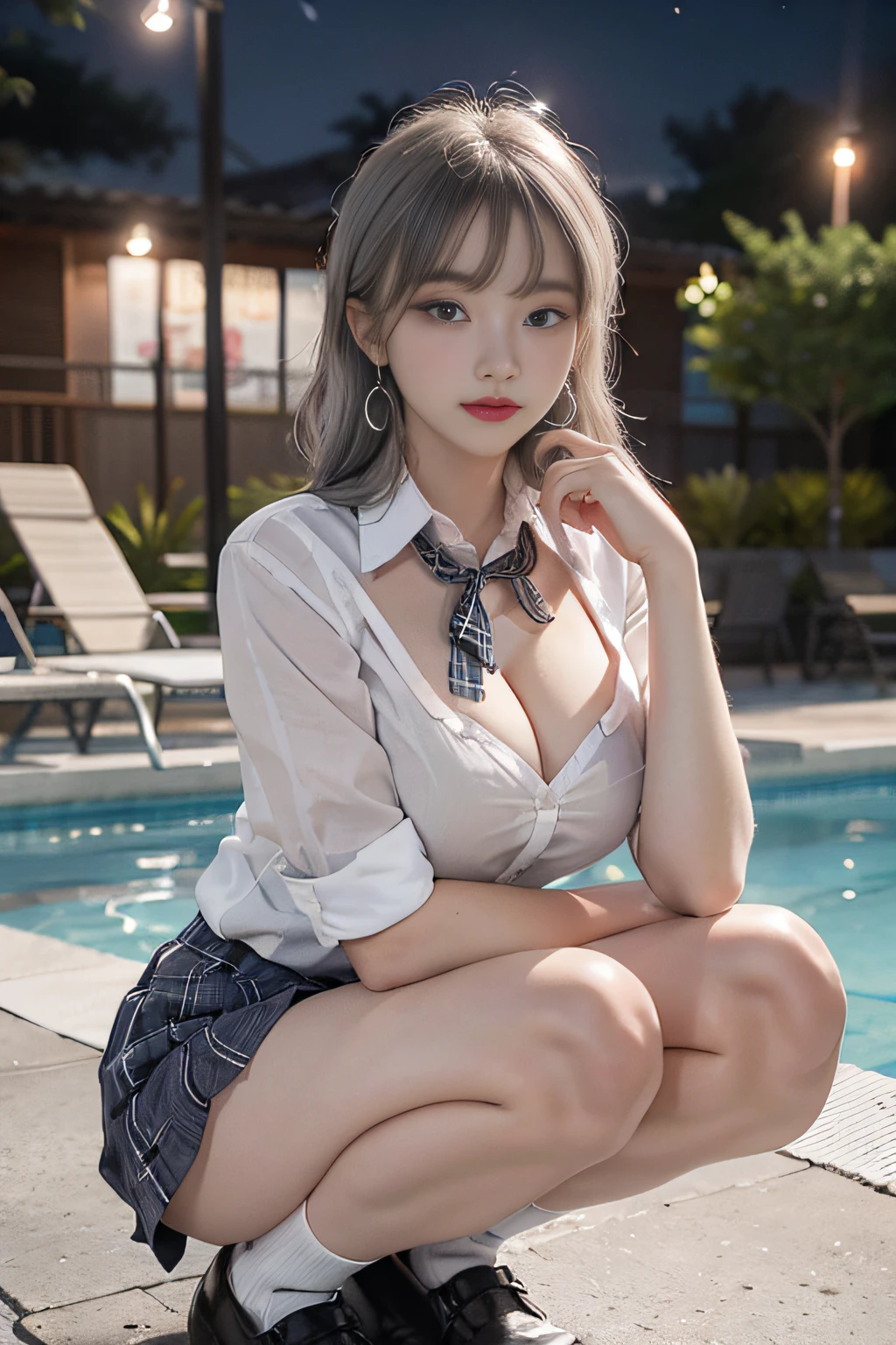 Best quality, RAW photos, super high resolution, gentle smile, Korean, very big breasts, cleavage, tie, ribbon, school uniform, collared shirt, school uniform shirt, plaid skirt, fair skin, shiny white skin, short bob, bright silver hair, bright gray hair, neatly matched bangs, beautiful eyes, beautiful eyes of random colors, very thin lips, beautiful eyes with details, elongated eyes, pale pink blush, long eyelashes, beautiful double eyelids, eyeshadow, earrings, night school, dim poolside at night, squatting, open legs