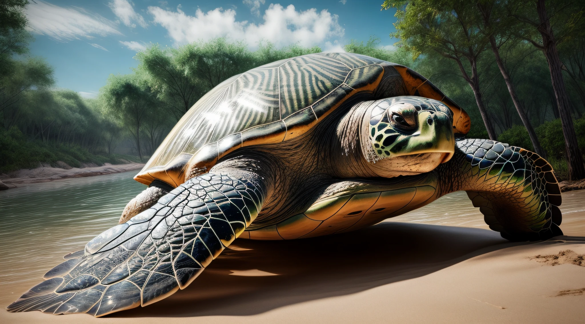 Create a large green turtle in its habitat with intrinsic details, hyper realistic, masterpiece, hd, 8k