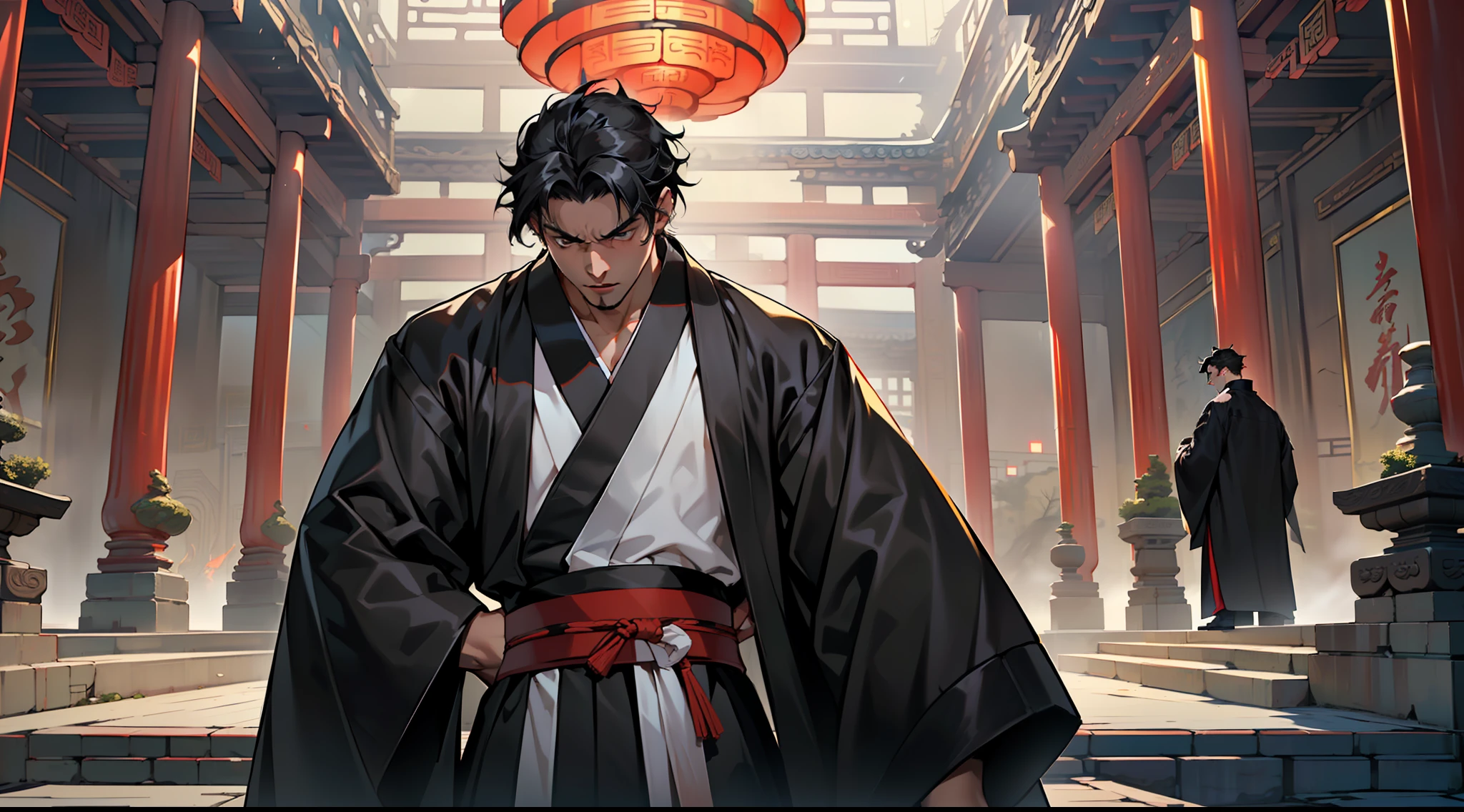 5, (1 person) ( (((1boy))),(((aboy))).(((Black coat))),((Black Hanfu youth)),((black clothes)) , (((Black hair))), kingly air, gorgeous, handsome, outstanding temperamen, reaches forward and points angrily) (background: in the sacred, resplendent palace hall of ancient China).