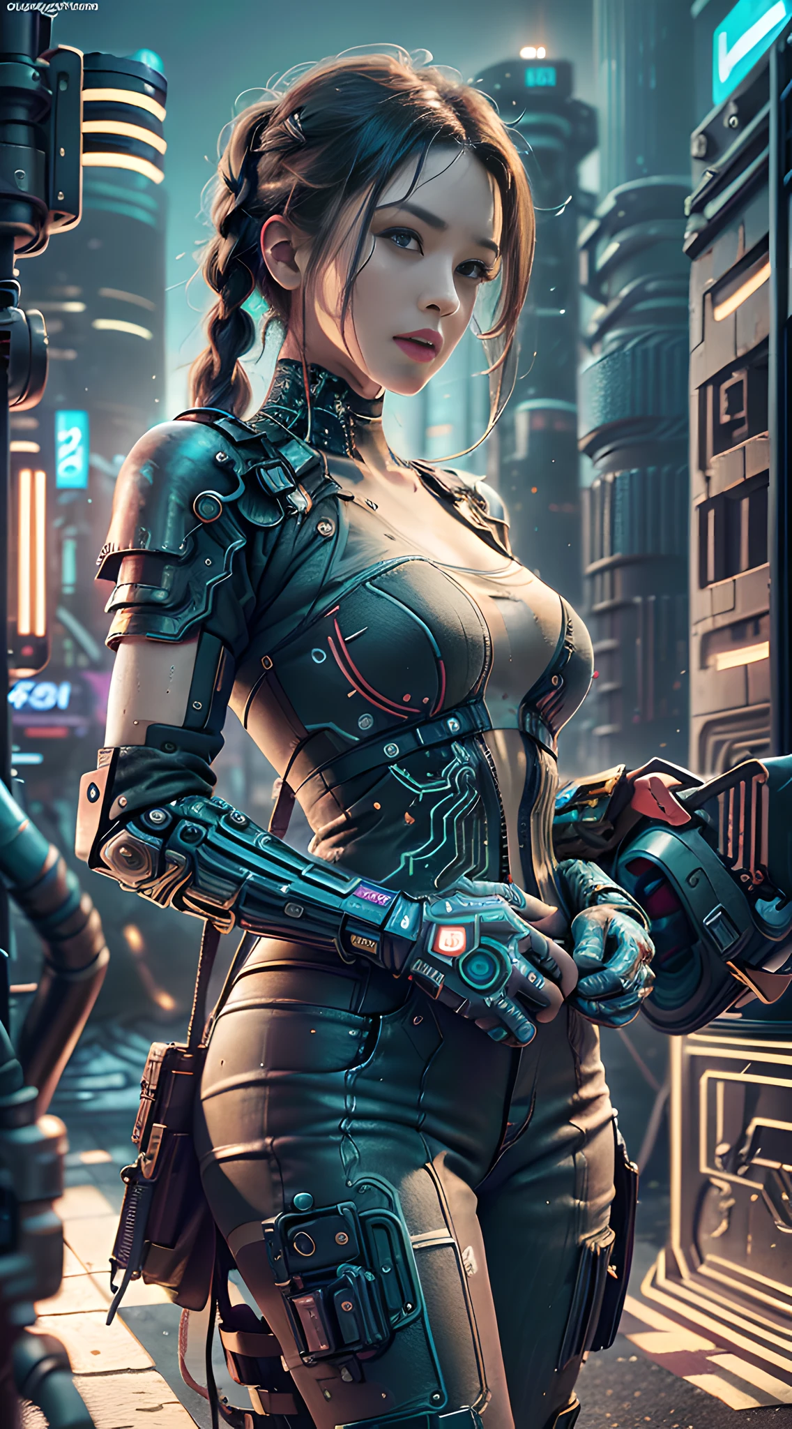 wearing cyberpunk armor post-apocalyptic ruins, kkw-ph1, (photorealistic:1.4) hyperdetailed, hyperrealism, ((best quality)), ((masterpiece)), (detailed), 8k uhd, Canon EOS 5D Mark IV, f/2.8, 1/25sec, Canon EF 50mm