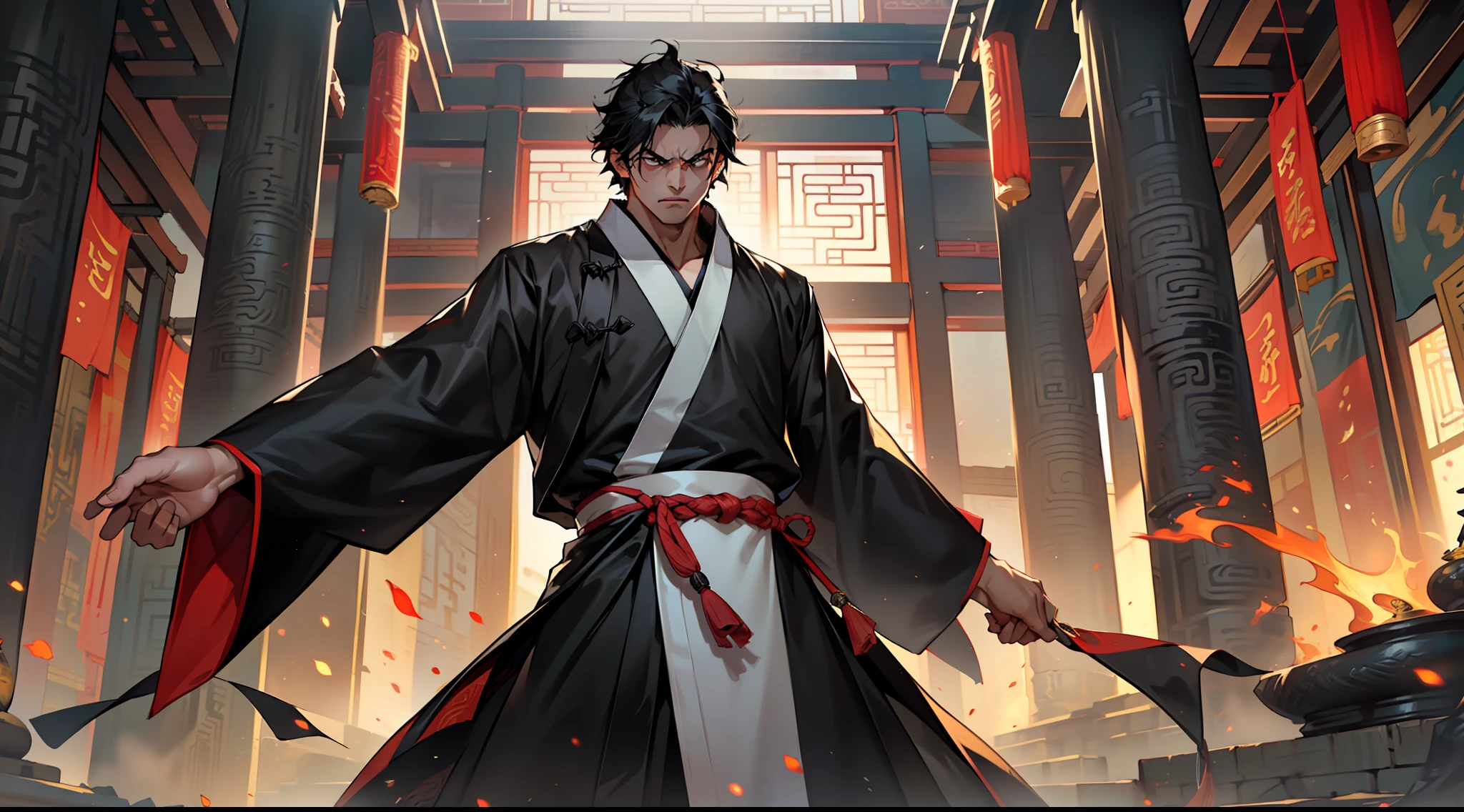 12, (1 person) ( (((1boy))),(((aboy))).(((Black coat))),((Black Hanfu youth)),((black clothes)) , (((Black hair))), kingly air, gorgeous, handsome, outstanding temperamen, questioned angrily, expressing anger) (background: in the sacred, resplendent palace hall of ancient China).