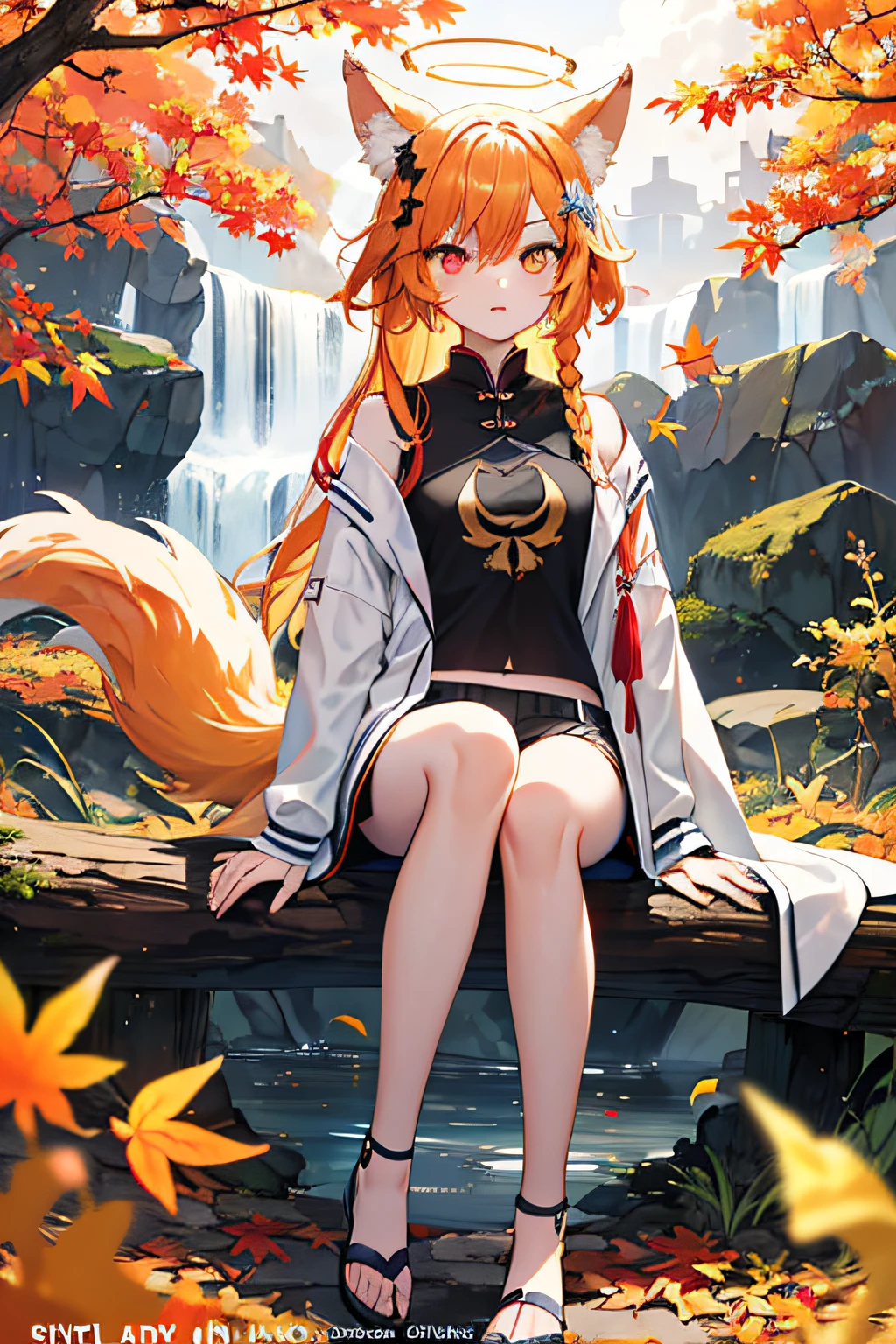 englai wonderland, chinese mythology, colorful auspicious clouds, autumn leaves, falling leaves, holding_leaf, leaves, leaf background, leaf hair ornaments, maple leaf, aki_shizuha, leaf print, starfish, angry vein, ginkgo biloba leaf, overhead leaf, angry vein, tree, waterfall, sweet potato, dragonfly, acorn, solo, braid, blurred foreground, 1girl, daytime, painting, depth of field, blurry, long hair, branches, hair decoration, leaves in the wind, forest, outdoors, nature, campfire, shirt, look_ at_viewer, hot springs, koi, sitting, masterpiece, best quality, (best quality), (masterpiece), (highres), original, extremely detailed 8K wallpaper, (extremely delicate and beautiful), (detailed face), beautiful detailed eyes, hair fluttering in the wind, messy hair, lens halo, 1 girl, full body, (golden eye), (red eye), (wolf ear), (yellow hair), (wolf tail), (wolf ear), (cute girl: 1.1), (Wolf Ears), pretty detailed eyes, orange hair, very long hair, small breasts, (looking at the audience), (cover style: 1.3), fashion, woman, vibrant, clothing, posing, frontal, colorful, dynamic, background, element, confident, expressive, holding, statement, accessory, majestic, coiled, around, touch, scene, text, , bold, eye-catching, title, fashion, font, catchy, title, bigger, eye-catching, modern, stylish, focused, fashionable,