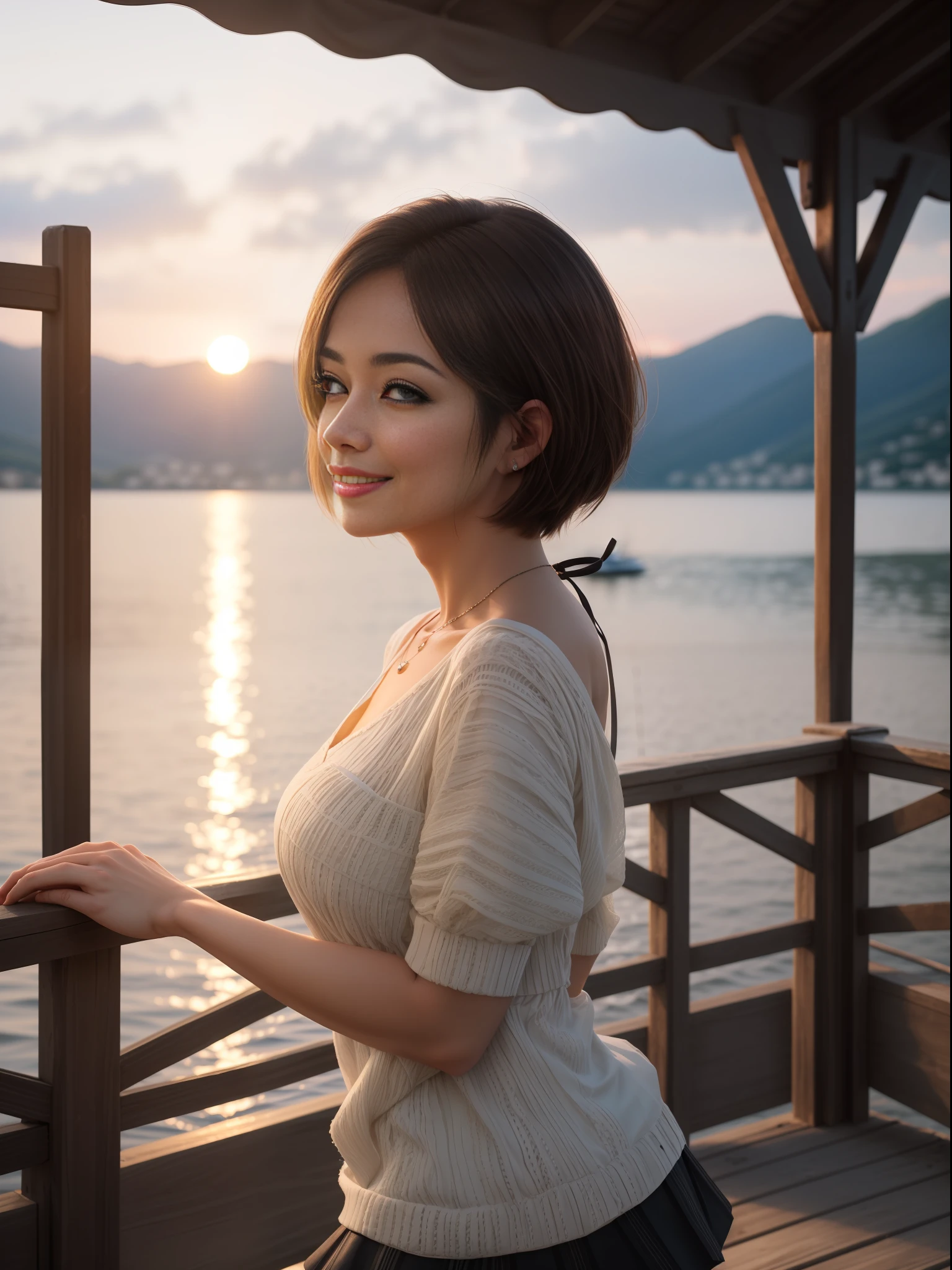 photo of a woman, neckline, (masterpiece), (best quality), (detailed), (8k), (HDR), (wallpaper), (cinematic lighting), (sharp focus), (intricate), looking at the camera, bokeh, ((soft light)) medium shot, semi-profile vision, low angle, light makeup, big smile, high hills,, miniskirt, tan, black socks, short hair, watch the sunset on a romantic lakeside pier,  Tranquil environment, sparkling water, magical atmosphere, Hire