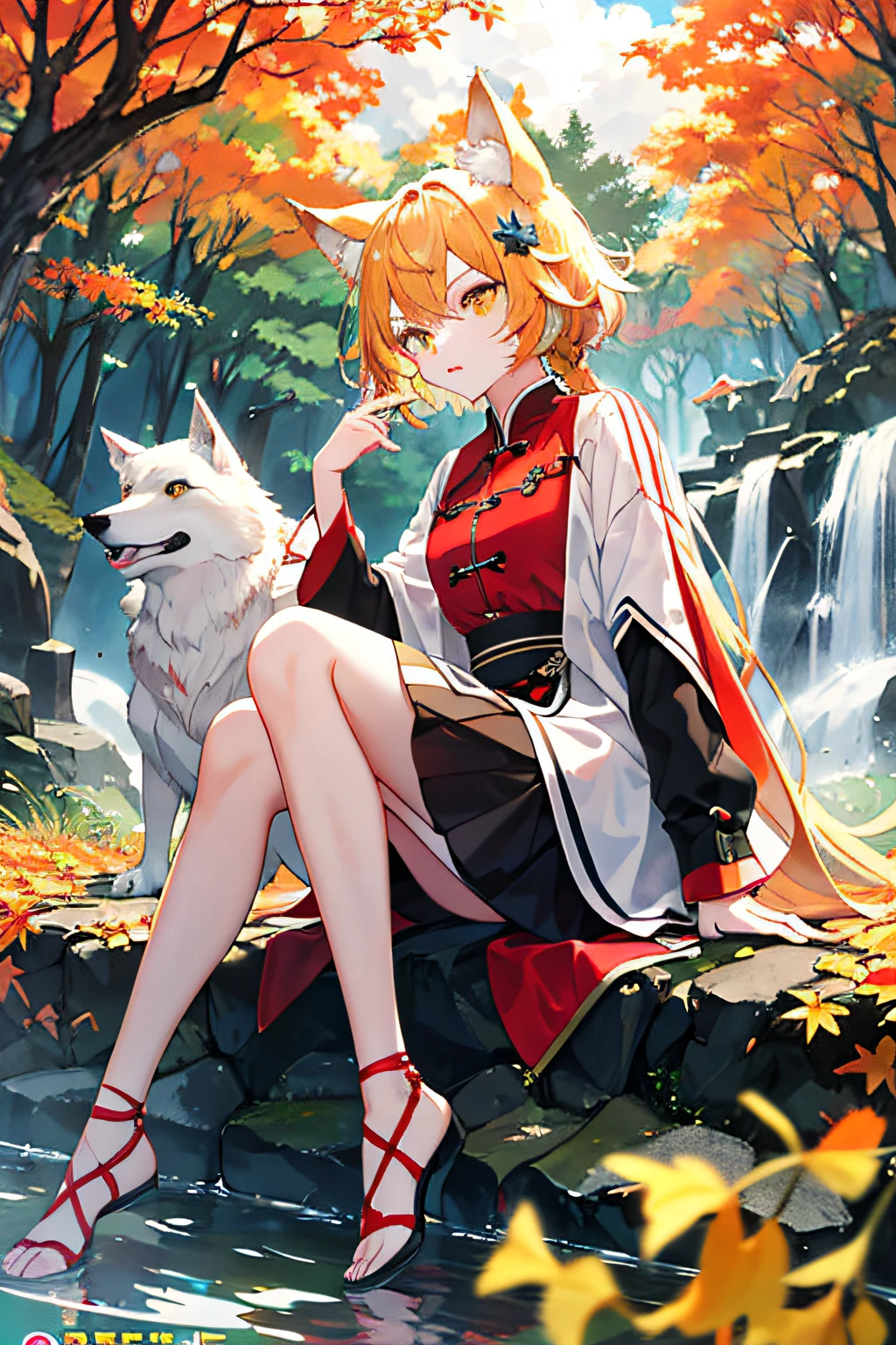 englai wonderland, chinese mythology, colorful auspicious clouds, autumn leaves, falling leaves, holding_leaf, leaves, leaf background, leaf hair ornaments, maple leaf, aki_shizuha, leaf print, starfish, angry vein, ginkgo biloba leaf, overhead leaf, angry vein, tree, waterfall, sweet potato, dragonfly, acorn, solo, braid, blurred foreground, 1girl, daytime, painting, depth of field, blurry, long hair, branches, hair decoration, leaves in the wind, forest, outdoors, nature, campfire, shirt, look_ at_viewer, hot springs, koi, sitting, masterpiece, best quality, (best quality), (masterpiece), (highres), original, extremely detailed 8K wallpaper, (extremely delicate and beautiful), (detailed face), beautiful detailed eyes, hair fluttering in the wind, messy hair, lens halo, 1 girl, full body, (golden eye), (red eye), (wolf ear), (yellow hair), (wolf tail), (wolf ear), (cute girl: 1.1), (Wolf Ears), pretty detailed eyes, orange hair, very long hair, small breasts, (looking at the audience), (cover style: 1.3), fashion, woman, vibrant, clothing, posing, frontal, colorful, dynamic, background, element, confident, expressive, holding, statement, accessory, majestic, coiled, around, touch, scene, text, , bold, eye-catching, title, fashion, font, catchy, title, bigger, eye-catching, modern, stylish, focused, fashionable,