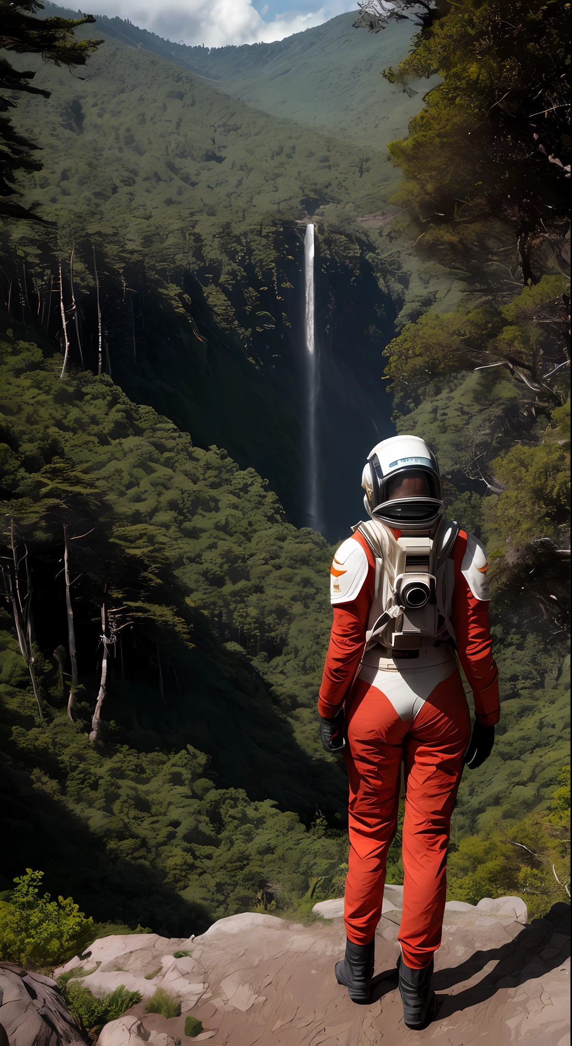 (35mmstyle:1.2), Highly detailed RAW color Photo, Rear Angle, Full Body, of (female space marine, wearing white and red space suit, futuristic helmet, tined face shield, rebreather, accentuated booty), outdoors, (standing on Precipice of tall rocky mountain, looking out at magical lush green rain forest on alien planet), vivid detail, (exotic alien planet), toned body, big butt, (sci-fi), (mountains:1.1), (lush green vegetation), (two moons in sky:0.8), (highly detailed, hyperdetailed, intricate), (lens flare:0.7), (bloom:0.7), particle effects, raytracing, cinematic lighting, shallow depth of field, photographed on a Sony a9 II, 35mm wide angle lens, sharp focus, cinematic film still from Gravity 2013, viewed from behind, dynamic angle