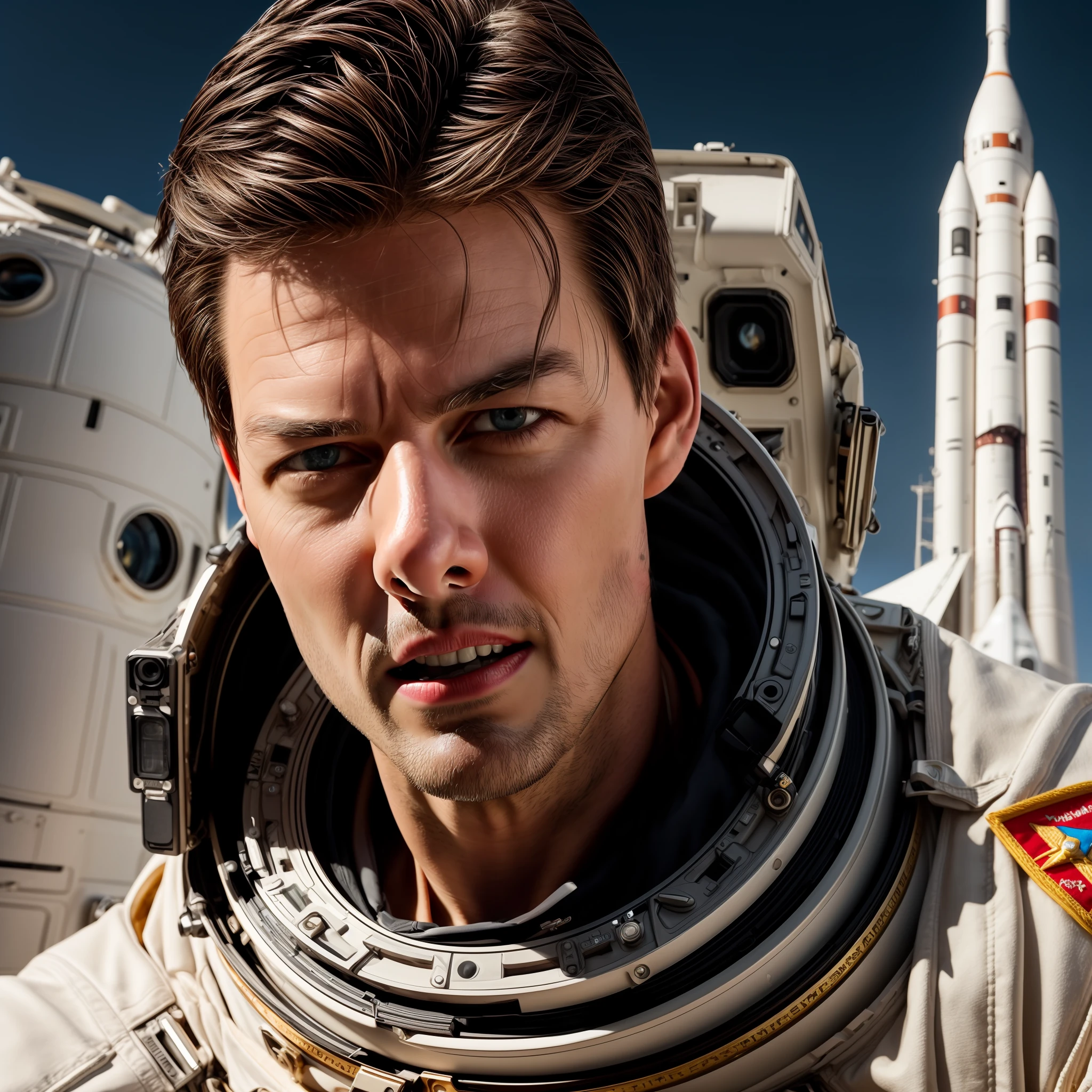 a further film of Tom Cruise as an astronaut with (a short style of hair cut buzzing), wearing astronaut suit, detailed face, (perfect detailed eyes), (highly detailed skin: 1.1), (with a shocked facial expression), perfect slim body, professional photography, soft lighting, photorealistic, realistic, posing for a photo next to a rocket, RAW,, sharp focus,  8k, high resolution, DSLR, high quality, Fujifilm XT3, grain film, award-winning, masterpiece