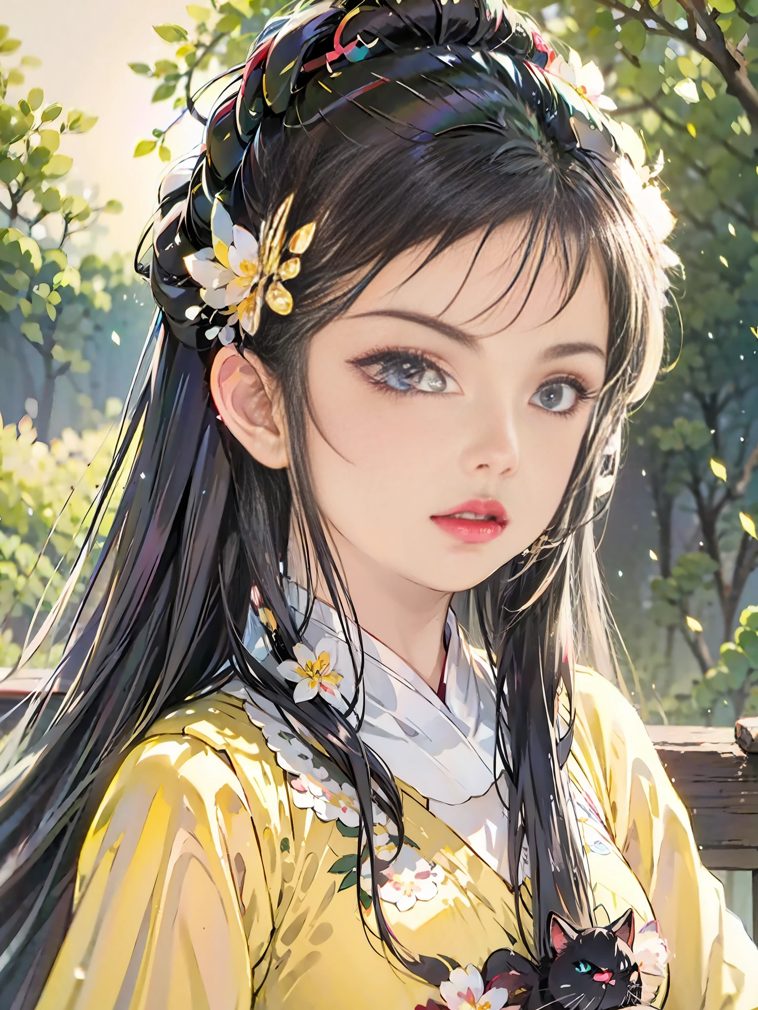 Close up of a girl with cat and flowers in her hair, beautiful anime girl, beautiful anime portrait, cute anime girl, beautiful anime girl, young anime girl, realistic young anime girl, cute anime girl portrait, cute nature anime face, cute anime girl portrait, long hair anime girl, realistic cute girl painting, beautiful anime face, guvez, blue-purple clothes