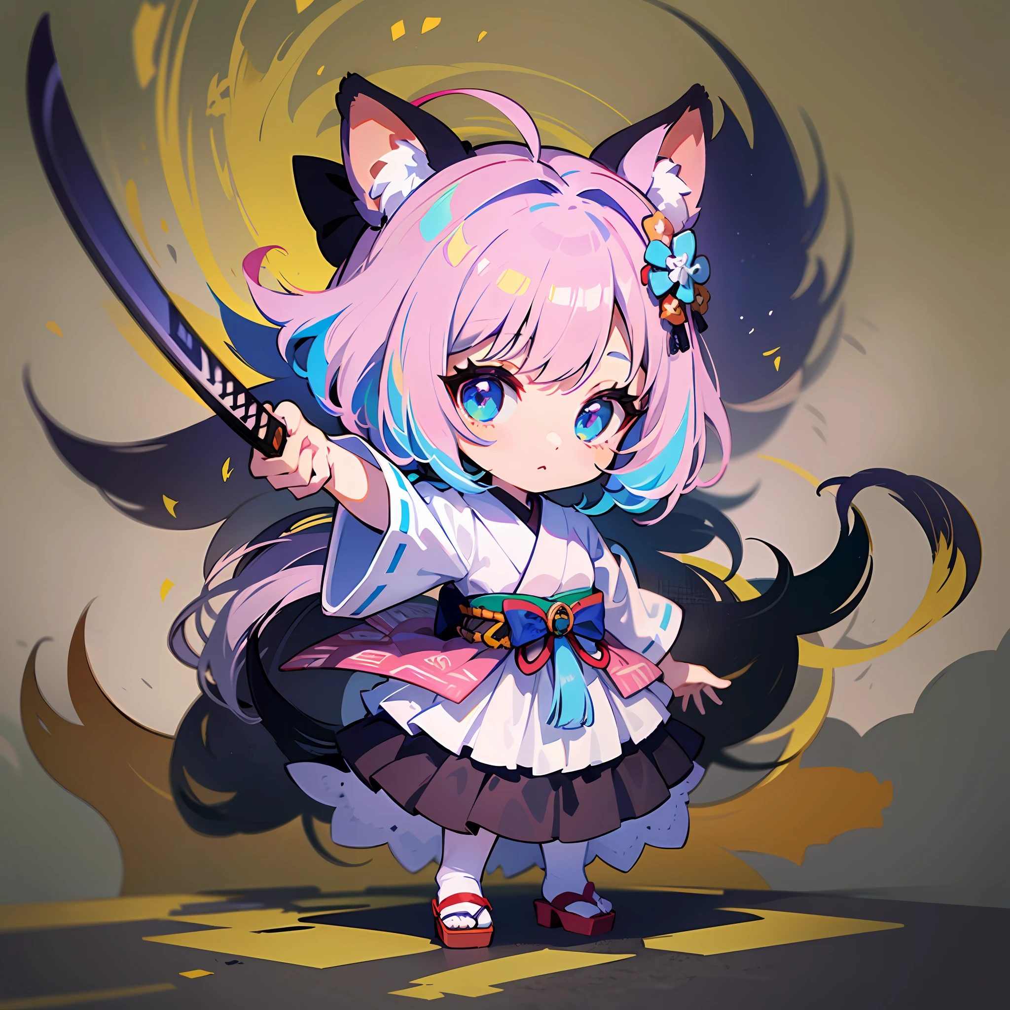 ((Sticker: 1.5))), ((Chibi Chara)), (White Background), Fluffy, Girl, Samurai, Samurai Costume, With Japan Sword, Samurai Pose, Chibi Chara, Full Body, Pastel Hair, Fairy Tale, Fantastic, Rainbow, T-Shirt Design, Masterpiece, Best Quality, 16k, Meadow
