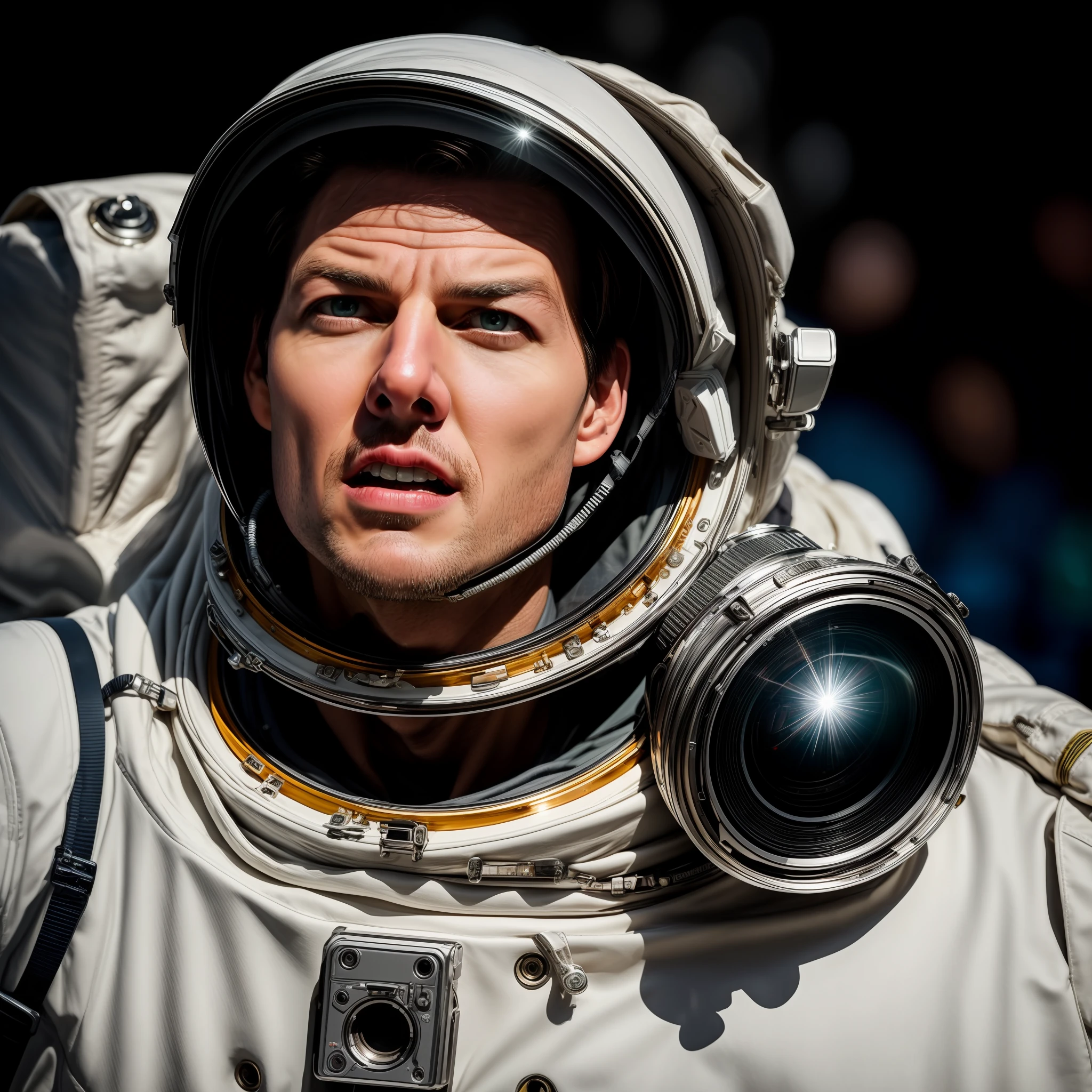 a further film of Tom Cruise as an astronaut with (a short style of hair cut buzzing), wearing astronaut suit, detailed face, (perfect detailed eyes), (highly detailed skin: 1.1), (with a shocked facial expression), perfect slim body, professional photography, soft lighting, photorealistic, realistic, posing for a photo next to a rocket, RAW,, sharp focus,  8k, high resolution, DSLR, high quality, Fujifilm XT3, grain film, award-winning, masterpiece