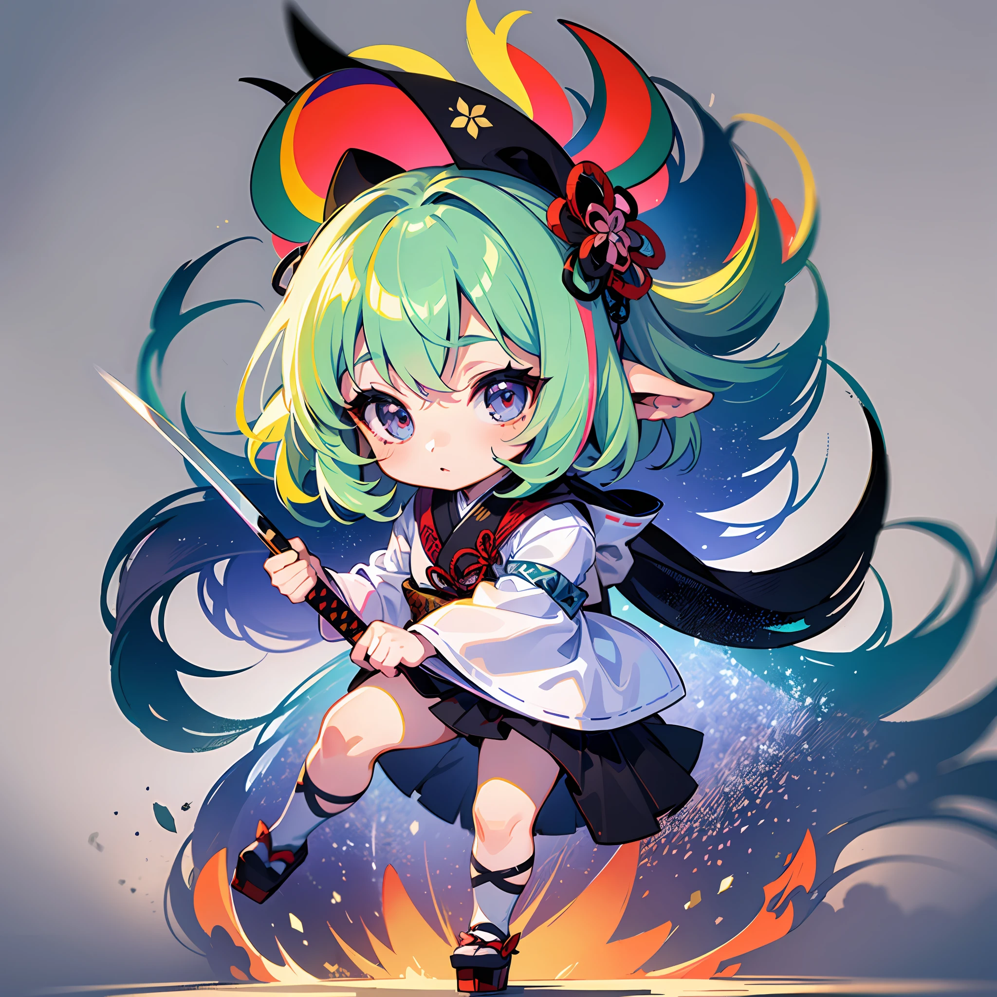((Sticker: 1.5))), ((Chibi Chara)), (White Background), Fluffy, Girl, Samurai, Samurai Costume, With Japan Sword, Samurai Pose, Chibi Chara, Full Body, Pastel Hair, Fairy Tale, Fantastic, Rainbow, T-Shirt Design, Masterpiece, Best Quality, 16k, Meadow