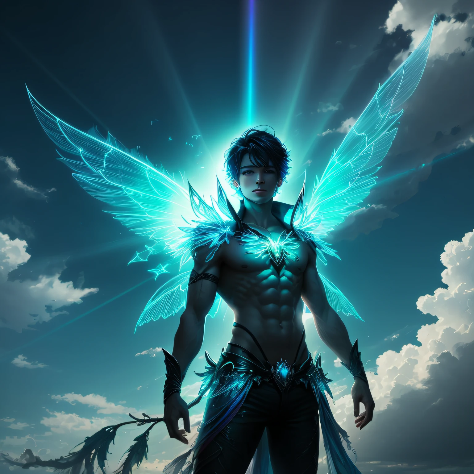 Bright masterpiece fairy man, short black hair, 6 large transparent pointed wings, extremely realistic blue neon eyes, extremely masculine, extremely realistic neon rainbow, sky of clouds, day with rays of sun.