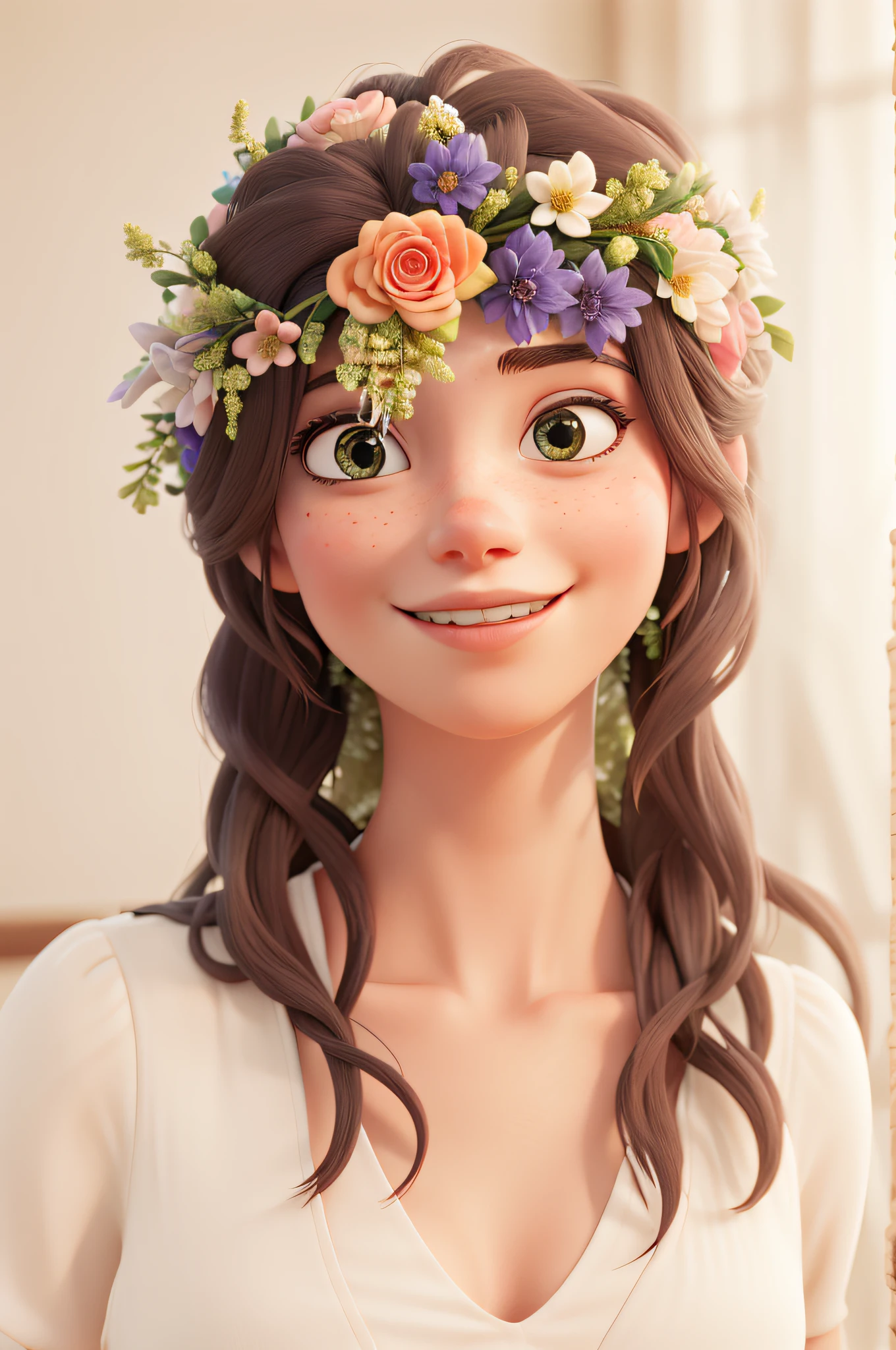 HD, (Best Detail) (Best Quality), detailed facial features, with a woman with a flower crown on her head, Disney