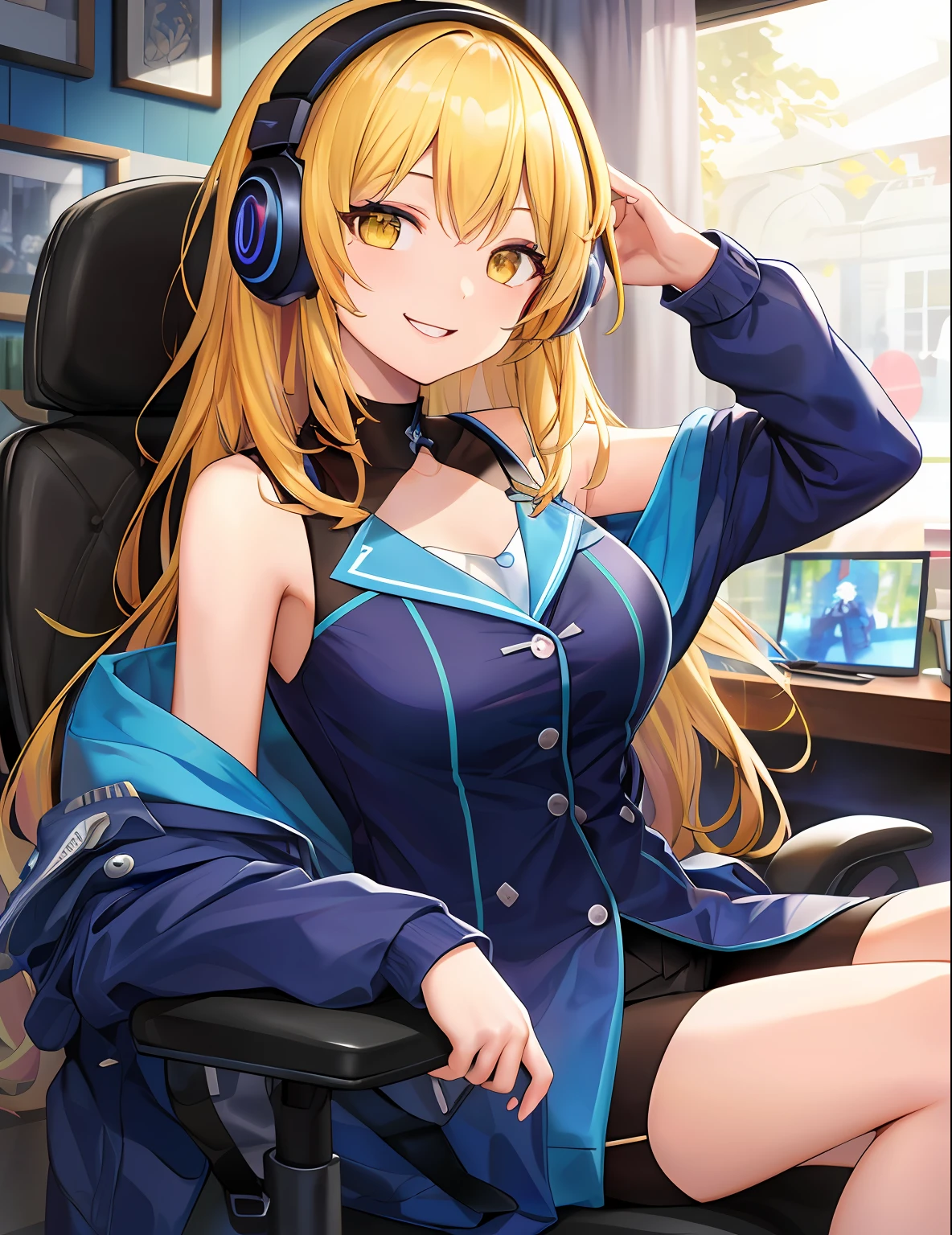 Model Shooting Style, (Masterpiece:1.3), (Absurdity:1.3), (Best Quality:1.3), (8K), (Masterpiece Digital Art), (Detailed Manga Illustration), (Handle Hair), Perfect Anatomy, (Complex Detail:1.3), (Super Detail:1.3), (Illustration:1.3), (Sharp Focus:1.3), (Vibrant Color:1.3), 1 Girl, Solo, (Yellow Hair), Yellow eyes, floating hair, medium breast, simple loungewear, sleeveless, jacket falling off shoulders, smile, game room, dark room, during pc gameplay, headphones, sitting in a chair,