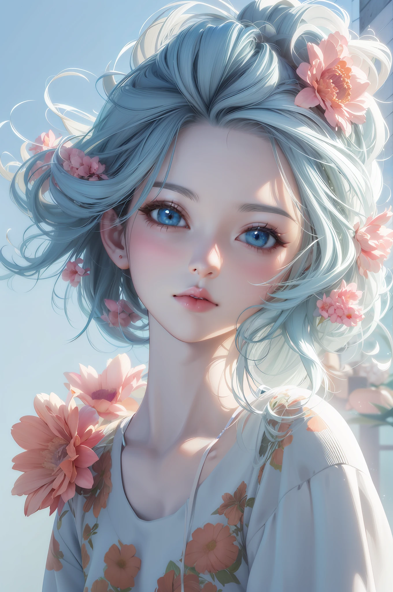 anime girl with blue hair and flowers in her hair, artwork in the style of guweiz, kawaii realistic portrait, soft anime illustration, anime styled 3d, anime style. 8k, realistic anime 3 d style, photorealistic anime girl render, 8k high quality detailed art, detailed digital anime art, smooth anime cg art, stylized anime