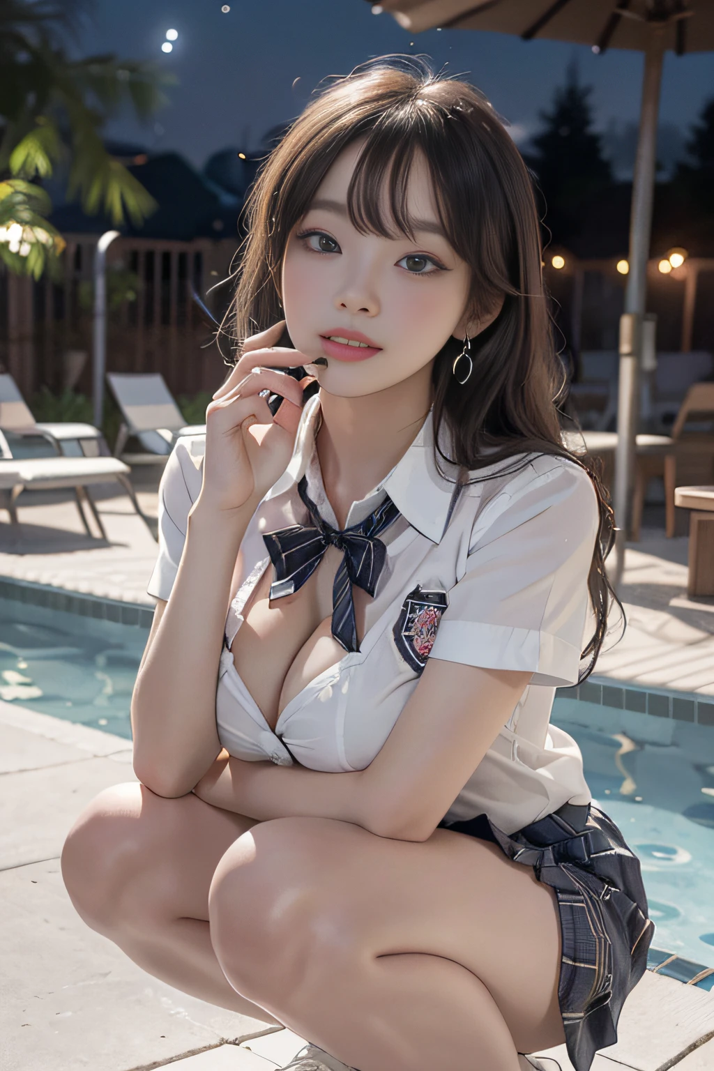 Best quality, RAW photos, super high resolution, gentle smile, 16 years old Korean, very big breasts, cleavage, tie, ribbon, school uniform, collared shirt, school uniform shirt, plaid skirt, fair skin, shiny white skin, short bob, bright silver hair, bright gray hair, neatly matched bangs, beautiful eyes, beautiful eyes of random colors, very thin lips, beautiful eyes with details, elongated eyes, pale pink blush, long eyelashes, beautiful double eyelids, eyeshadow, earrings, night school, dim poolside at night, squatting, legs open