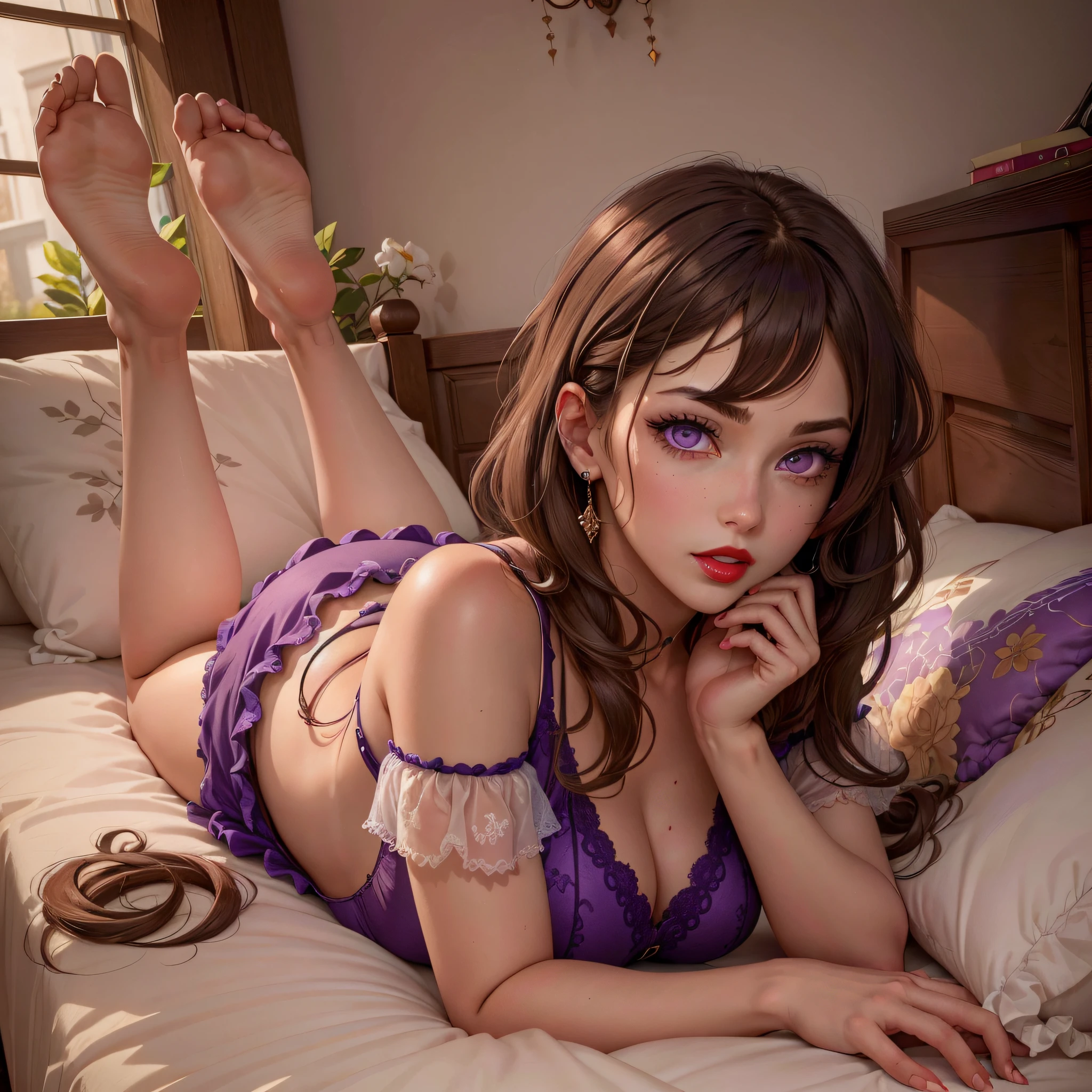 (woman lying on her stomach), staring at the observer, toes, best quality, detailed, ((purple eyes)), brown hair, beautiful detailed eyes, slightly flushed, red lipstick, anime style, 8k