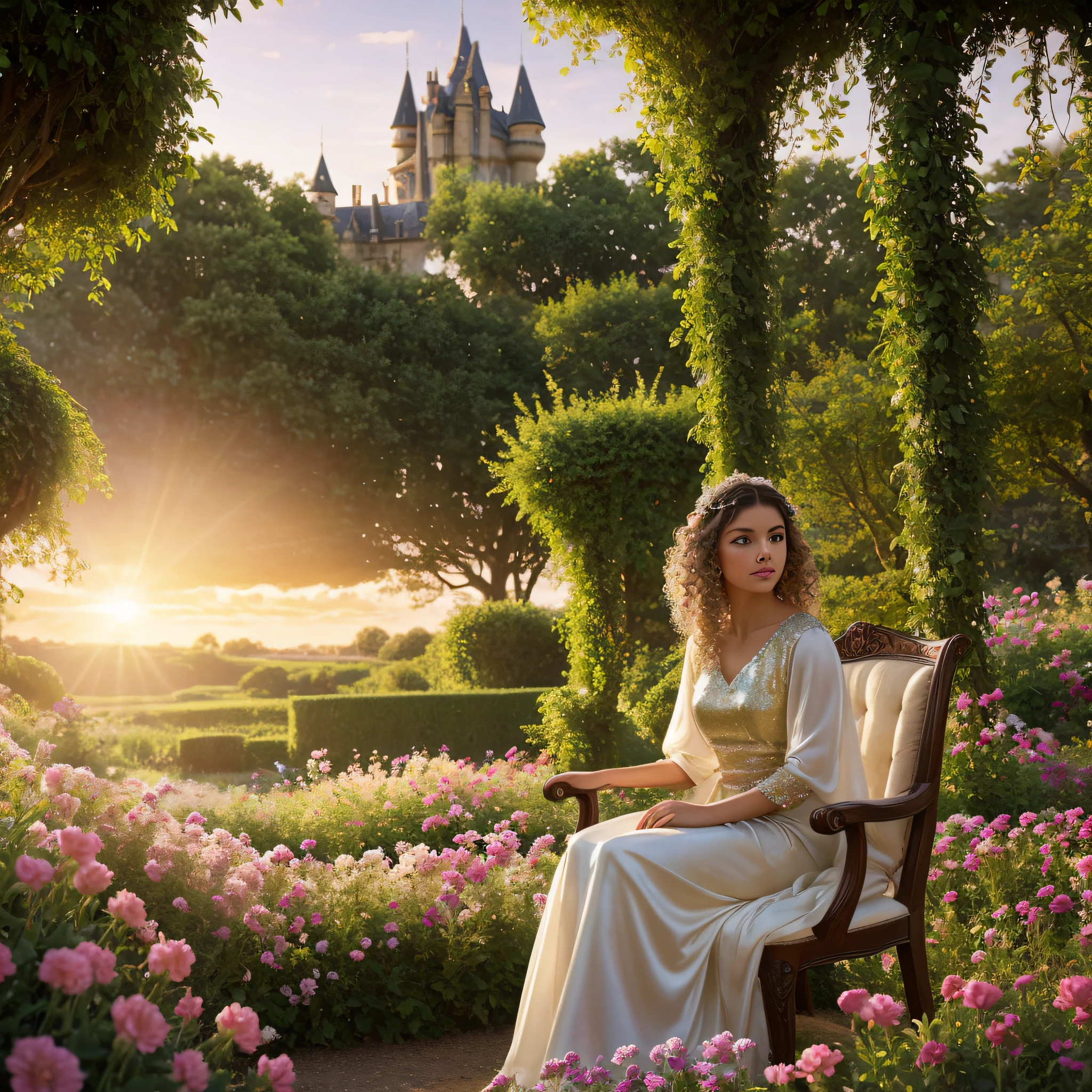 A princess with curly blonde hair, sitting on a throne of flowers, looking out at the horizon with sparkling brown eyes, dressed in silk clothes, in a magical castle garden, with the light of the setting sun reflecting off her face. High-quality, realistic image