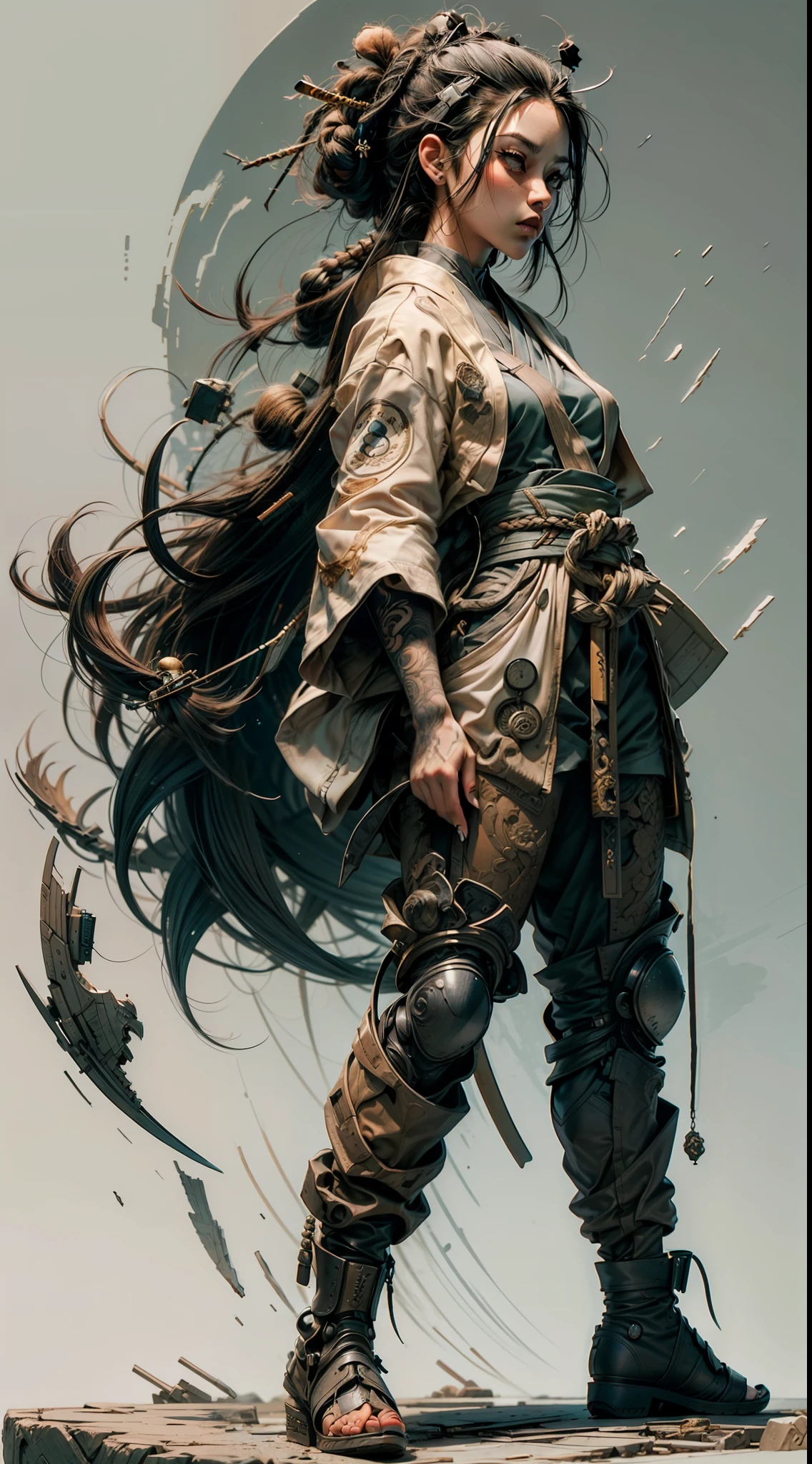 Minimalist art,hachures,texturesstrong and well-marked contour,profile image,full body(1woman with dread hair,white afrosamurai techwear clothing)minimalist bacground with abstract images and oriental symbols