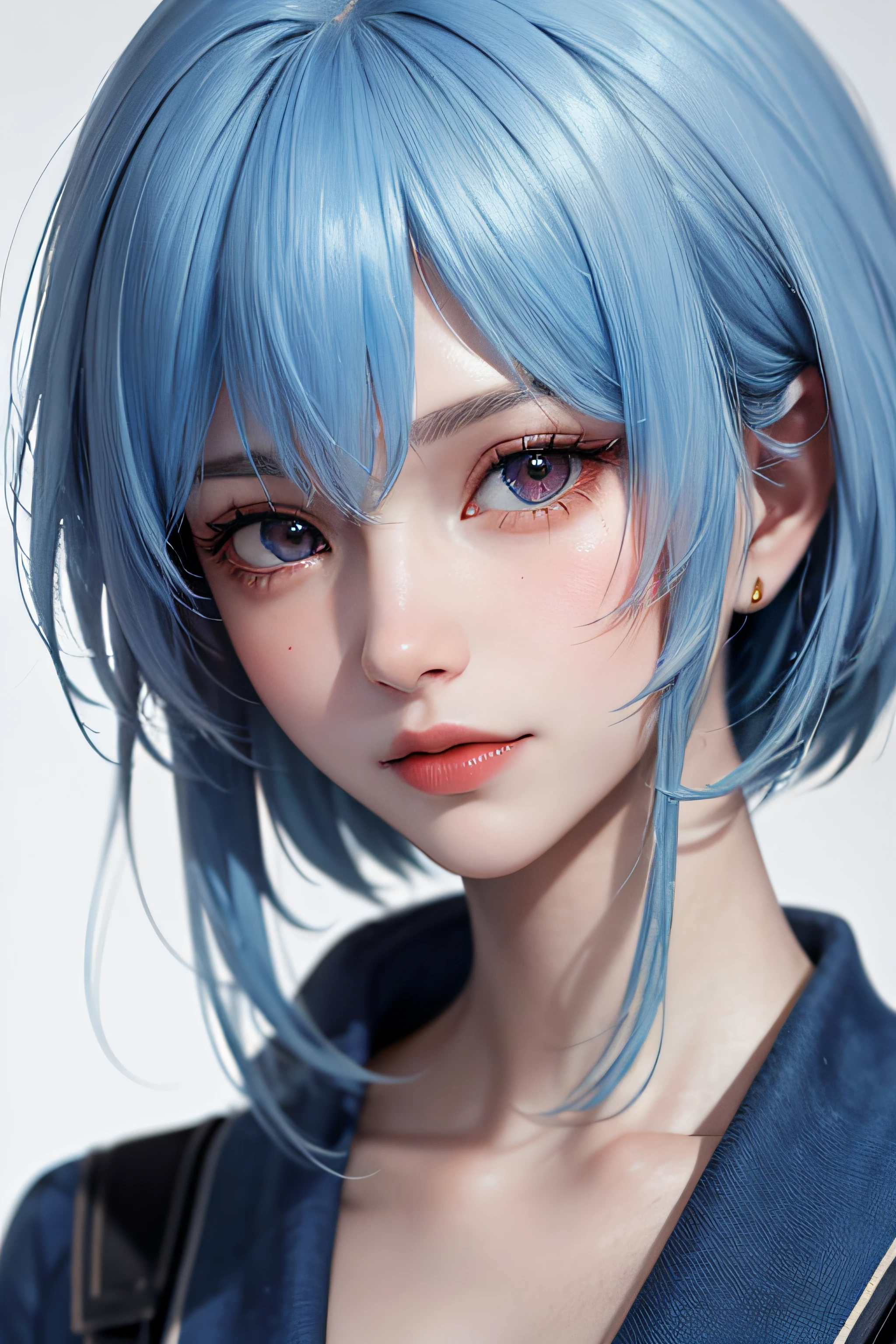 Masterpiece, Best Quality, 8K, Detailed Skin Texture, Detailed Cloth Texture, Beautiful Detail Face, Intricate Detail, Ultra Detailed, Portrait of Rei Ayanami, Blue Hair, Red Eyes, Looking Afar, No Background