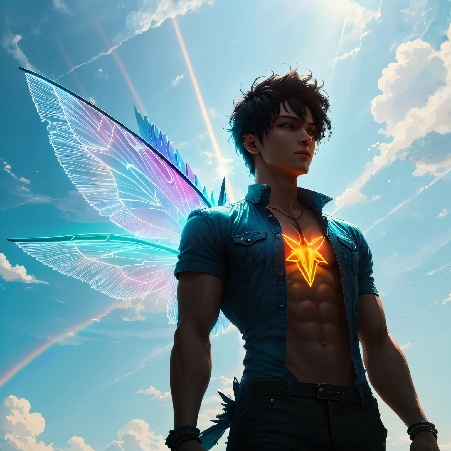 Bright masterpiece fairy man, short black hair, 6 large transparent pointed wings, extremely realistic blue neon eyes, extremely masculine, extremely realistic neon rainbow, sky of clouds, day with rays of sun.