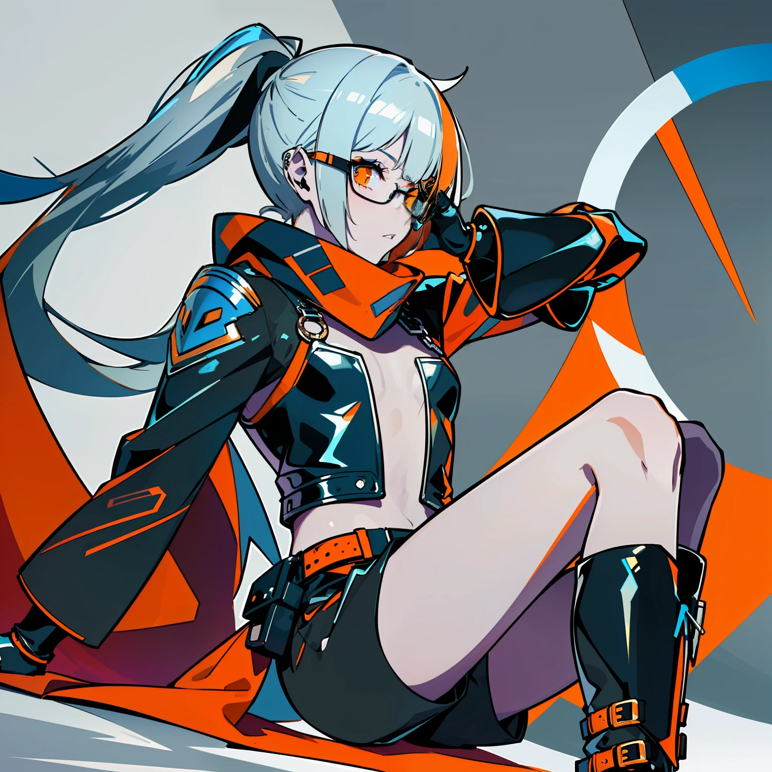 (((Profile Pic))), (((Flat Chest))) Female, (((Dark Skin)))), Black Hair with Ponytail, Light Blue Eyes, Round Glasses with Dark Lens, (((((Black Metallic Gauntlets and Boots with Orange and Silver Highlights))))), White Scarf (((Clothes Have a Mix of Modern and Tribal)))), Clothes Are Mostly Black in Color, But with Orange and White Parts, Shoulders on Display,  Black shorts Extending to the middle of the thigh.