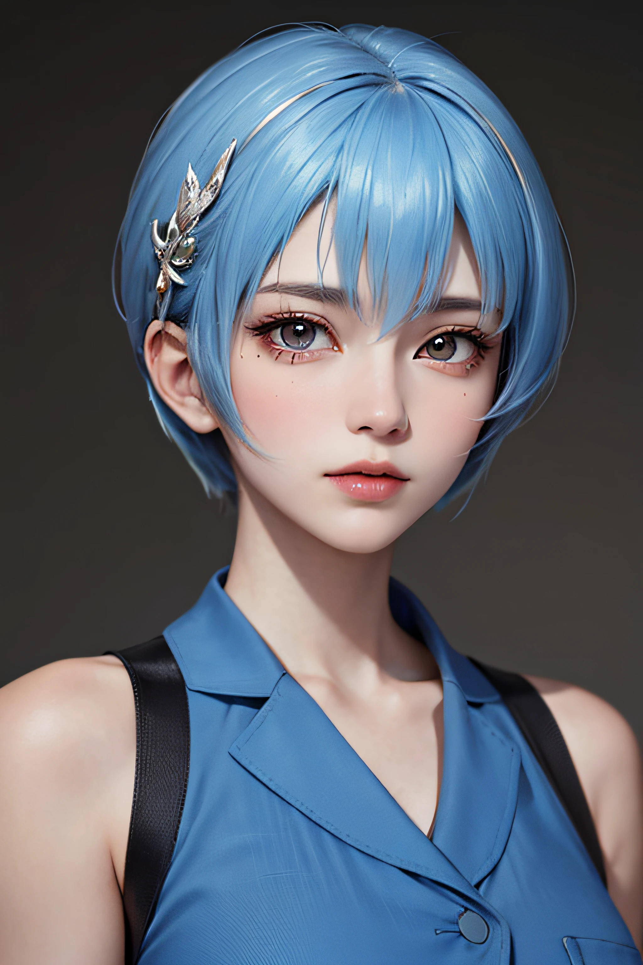 Masterpiece, Best Quality, 8K, Detailed Skin Texture, Detailed Cloth Texture, Beautiful Detail Face, Intricate Detail, Ultra Detailed, Portrait of Rei Ayanami, Blue Hair, Red Eyes, Looking Afar, No Background