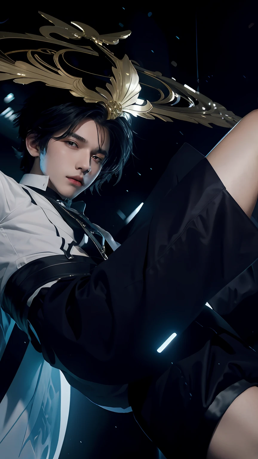 Men wearing black and white costume in the air, 4k wallpaper, textured skin, super detail, high detail, dark blue hair, boy role play, beautiful boy, handsome guy, textured hair, real hair