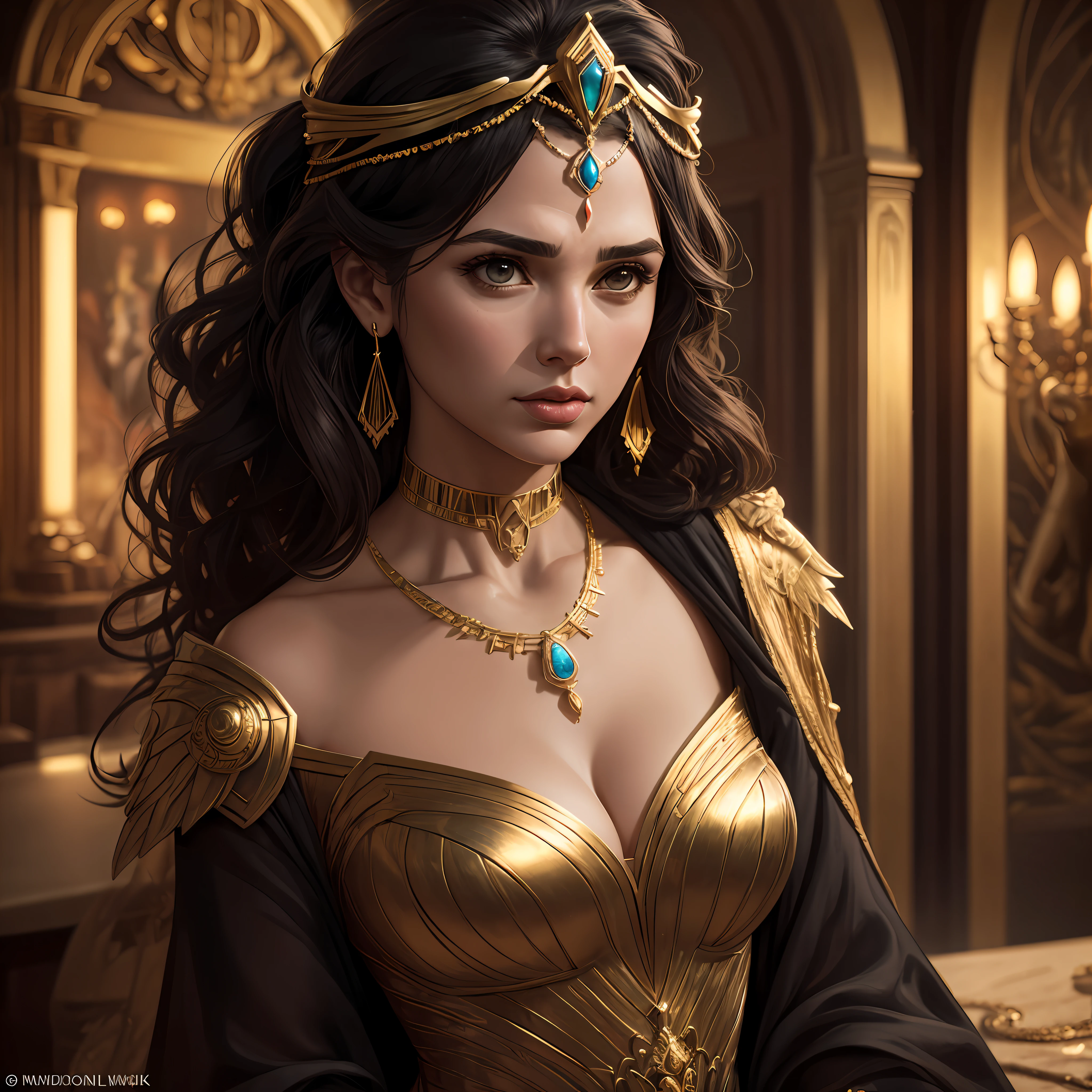 Gal Gadot with curly black hair , golden necklace with precious stones, earrings, a beautiful Egyptian crown on her head, cleopatra, detailed face with makeup , smooth skin, forehead, background oiramidesny palm trees, cover, zoom out, choker, hyperdetailed painting, luminism, bar lighting, complex, 4k resolution concept art portrait of Greg Rutkowski, Artgerm, WLOP, Alphonse Mucha, little fusion pojatti goth realistic, isometric details fractals bioluminescens - a stunning realistic photography 30 years