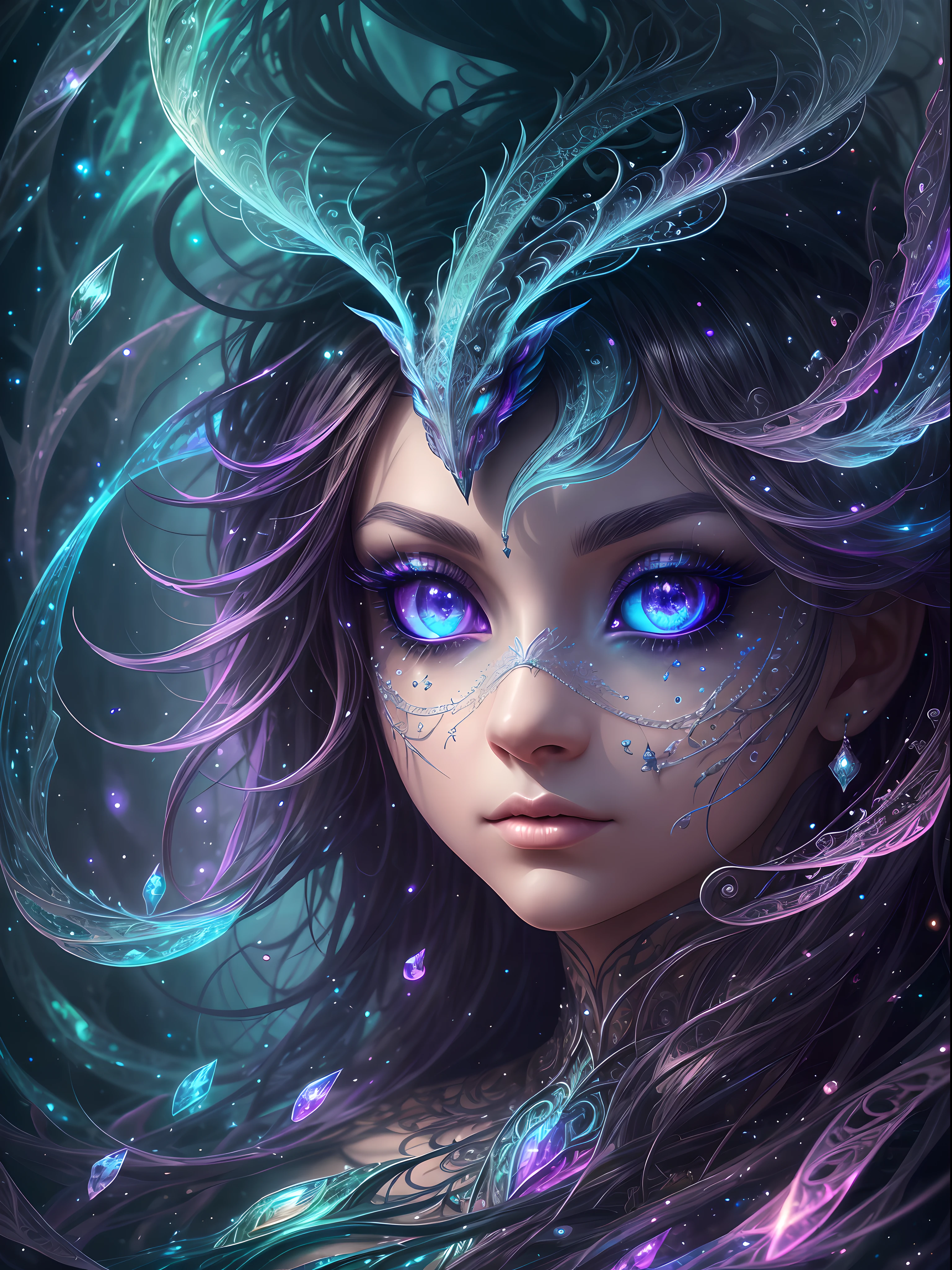 Generate a beautiful magical creature. The creature should be majestic and stunning with hires eyes and lots of intricate fantasy details. Include 8k eyes, highly detailed eyes, extremely detailed eyes, macro eyes, bright clear eyes, and sharp eyes. The image should be a masterpiece and contain fantasy vibes and phantasmal iridescence.