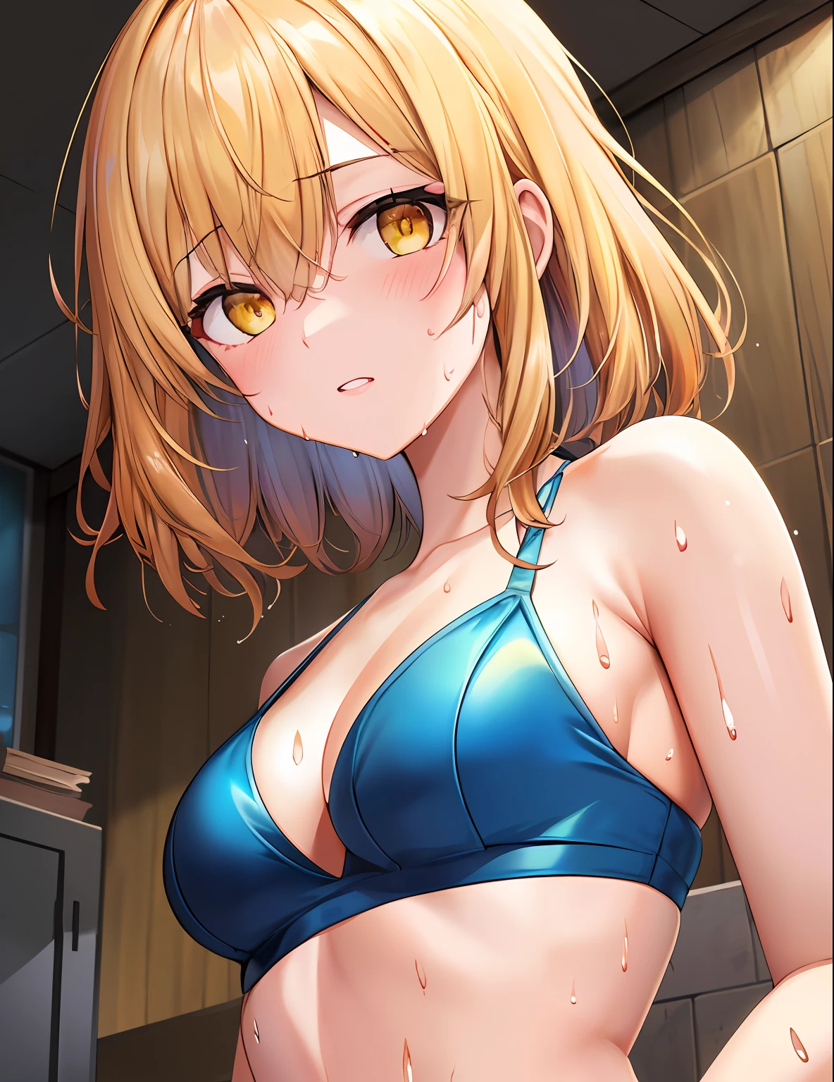 Model Shooting Style, (Masterpiece:1.3), (Absurdity:1.3), (Best Quality:1.3), (8K), (Masterpiece Digital Art), (Detailed Manga Illustration), (Handle Hair), Perfect Anatomy, (Complex Detail:1.3), (Super Detail:1.3), (Illustration:1.3), (Sharp Focus:1.3), (Vibrant Color:1.3), 1Girl, nsfw( R-18 expression),Solo, (Shorthair:1), Hair between the eyes, (Yellow hair), Yellow eyes, Floating hair,Afterglow,in,Sweat, Wet,White skin,Blushing cheeks,Clear white skin,Shining eyes, Medium breasts,Shiny hair,
