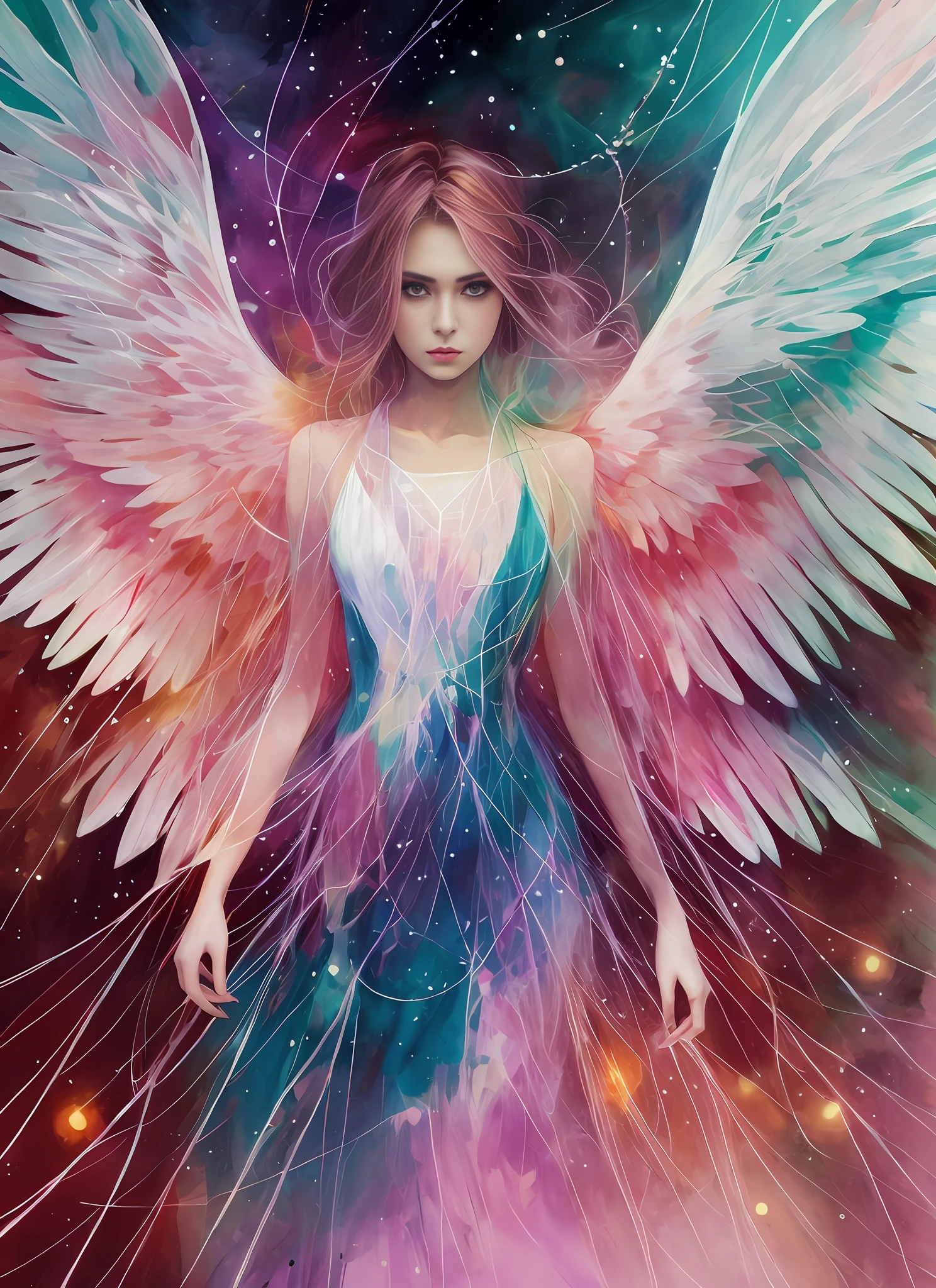 Agnes Cecile woman, luminous design, pastel colors, ink drops, autumn lights, white wings, dark armor