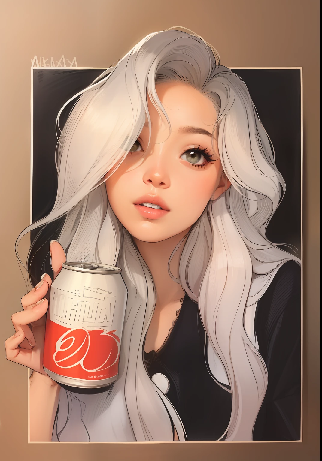 Drawing of a girl holding a can of soda, beautiful long hair, beautiful face, slender fingers, beautiful clothes.