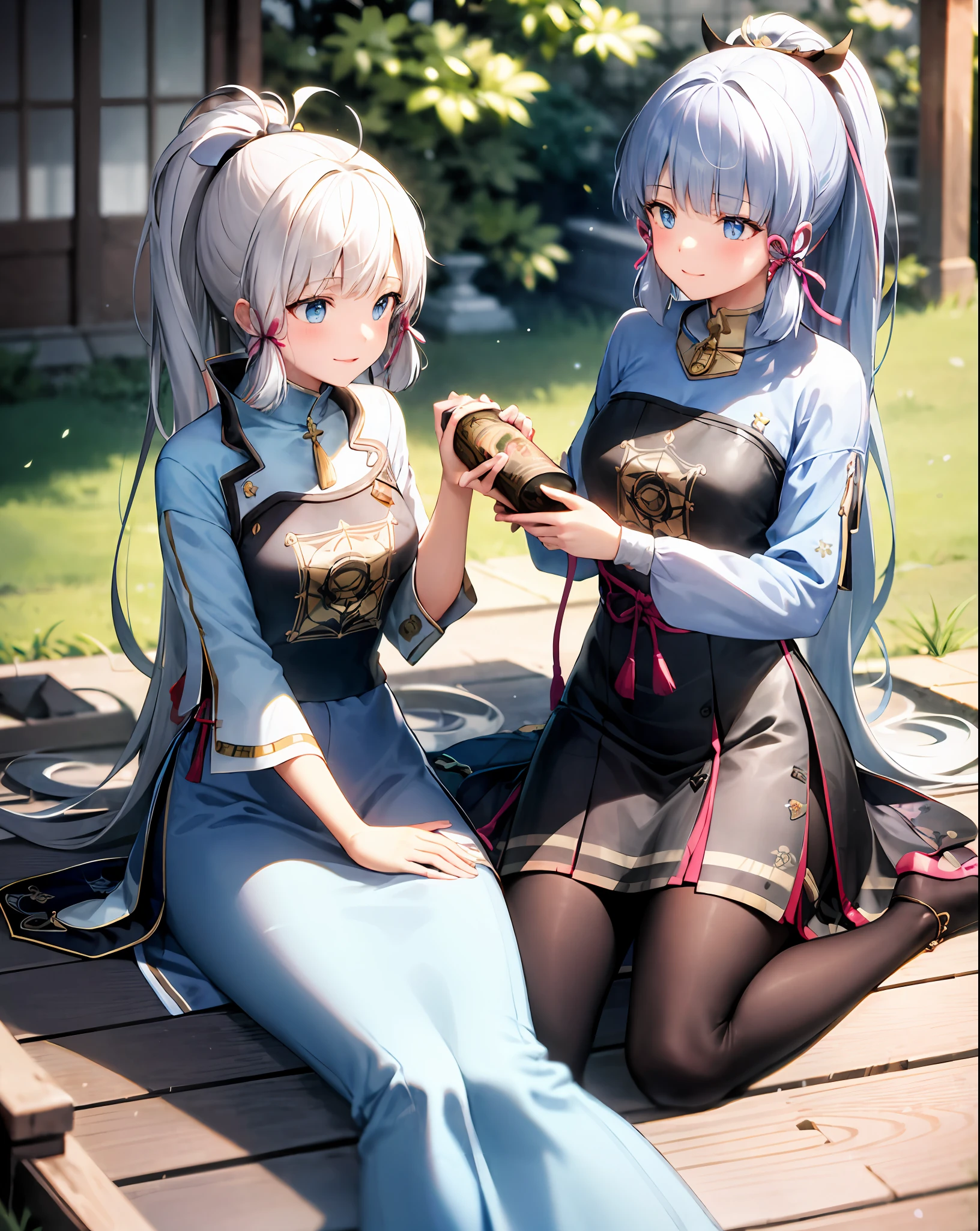 masterpiece, best quality, ultra-detailed, illustration, warm lighting, bright colors, 1girl,solo, long hair, very long hair, rosaria le friede,
Bluish-silver hair, blue eyes, light blue dress, black pantyhose,
Japanese clothes, light smile, sitting, outdoors, t-shirt, casual wear, Beautiful, caring, Love me with all your heart