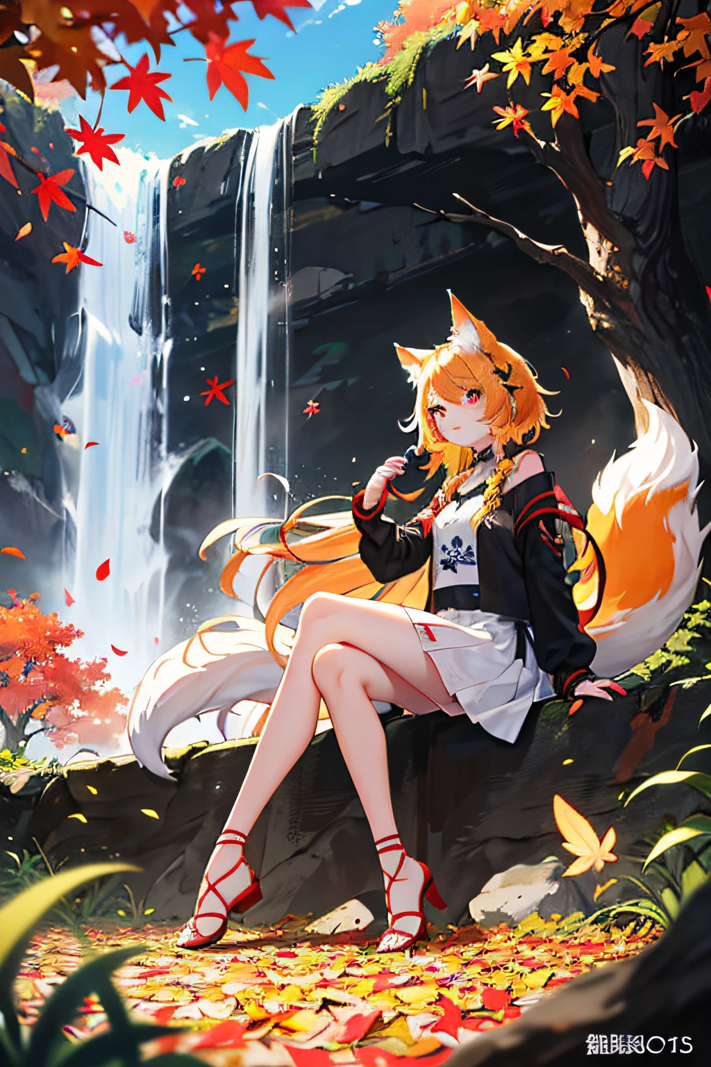 englai wonderland, chinese mythology, colorful auspicious clouds, autumn leaves, falling leaves, holding_leaf, leaves, leaf background, leaf hair ornaments, maple leaf, aki_shizuha, leaf print, starfish, angry vein, ginkgo biloba leaf, overhead leaf, angry vein, tree, waterfall, sweet potato, dragonfly, acorn, solo, braid, blurred foreground, 1girl, daytime, painting, depth of field, blurry, long hair, branches, hair decoration, leaves in the wind, forest, outdoors, nature, campfire, shirt, look_ at_viewer, hot springs, koi, sitting, masterpiece, best quality, (best quality), (masterpiece), (highres), original, extremely detailed 8K wallpaper, (extremely delicate and beautiful), (detailed face), beautiful detailed eyes, hair fluttering in the wind, messy hair, lens halo, 1 girl, full body, (golden eye), (red eye), (wolf ear), (yellow hair), (wolf tail), (wolf ear), (cute girl: 1.1), (wolf ears), pretty detailed eyes, orange hair, very long hair, small breasts, (looking at the audience), fashion, woman, vibrant, clothing, posing, front, colorful, dynamic, background, element, confident, expressive, holding, statement, accessories, majestic, coiled, around, touch, scene, text, , bold, eye-catching, title, fashion, font, catchy, title, bigger, eye-catching, modern, stylish, focused, stylish,
