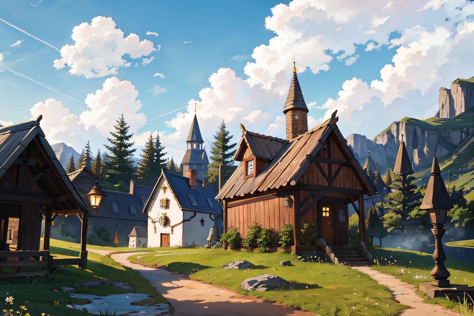 No people, no people, landscape, trees, house, stairs, outdoors, architecture, grass, windows, flowers, sky, doors, shrubs, chimney, gradient, plants, gradient background, building, bridge, balcony, blue roof, fairy tale cottage, bridge, wall, railings, (illustration:1.0), masterpiece, best quality,