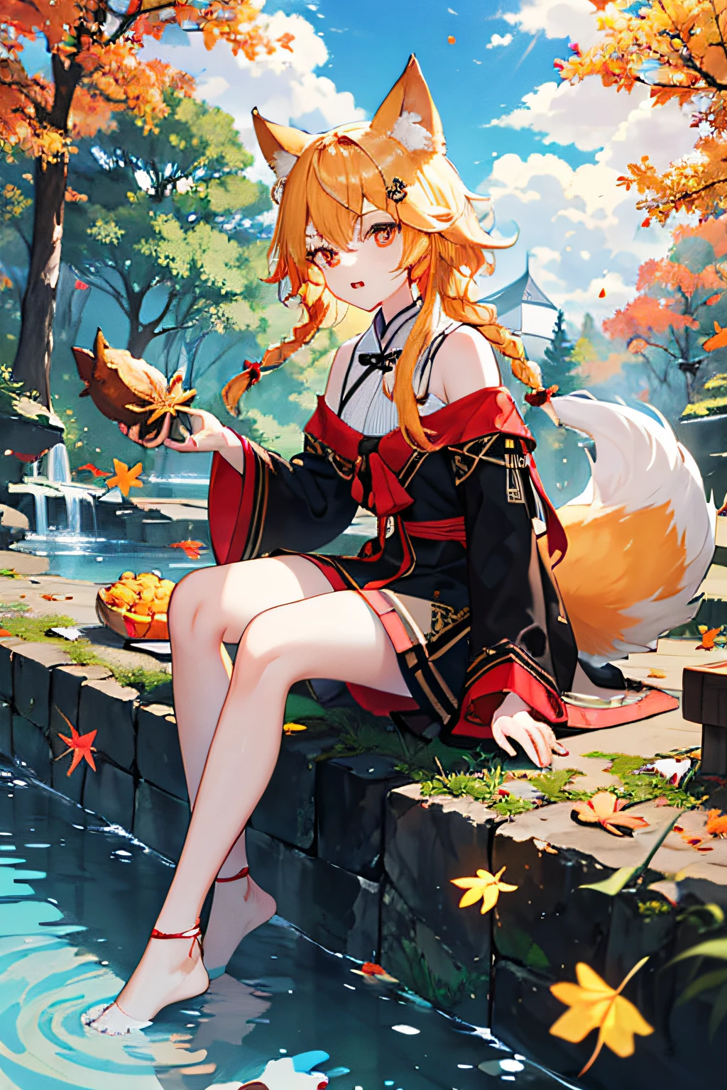 englai wonderland, chinese mythology, colorful auspicious clouds, autumn leaves, falling leaves, holding_leaf, leaves, leaf background, leaf hair ornaments, maple leaf, aki_shizuha, leaf print, starfish, angry vein, ginkgo biloba leaf, overhead leaf, angry vein, tree, waterfall, sweet potato, dragonfly, acorn, solo, braid, blurred foreground, 1girl, daytime, painting, depth of field, blurry, long hair, branches, hair decoration, leaves in the wind, forest, outdoors, nature, campfire, shirt, look_ at_viewer, hot springs, koi, sitting, masterpiece, best quality, (best quality), (masterpiece), (highres), original, extremely detailed 8K wallpaper, (extremely delicate and beautiful), (detailed face), beautiful detailed eyes, hair fluttering in the wind, messy hair, lens halo, 1 girl, full body, (golden eye), (red eye), (wolf ear), (yellow hair), (wolf tail), (wolf ear), (cute girl: 1.1), (wolf ears), pretty detailed eyes, orange hair, very long hair, small breasts, (looking at the audience), fashion, woman, vibrant, clothing, posing, front, colorful, dynamic, background, element, confident, expressive, holding, statement, accessories, majestic, coiled, around, touch, scene, text, , bold, eye-catching, title, fashion, font, catchy, title, bigger, eye-catching, modern, stylish, focused, stylish,