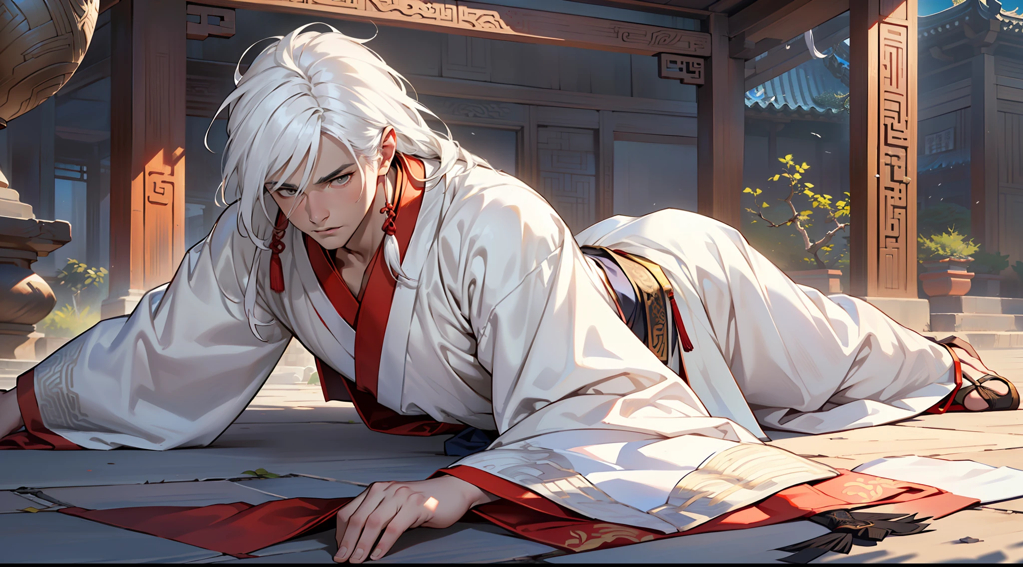 3, (1 person) ((((white hair))), (aboy))).((white Hanfu youth)), (white hair)))((((white clothes))), (((long white hair))), Wang Qi, gorgeous and handsome, outstanding temperament, lying on the ground, expression of horror, reaching forward to pull something) (background: in the sacred and resplendent palace of ancient China).