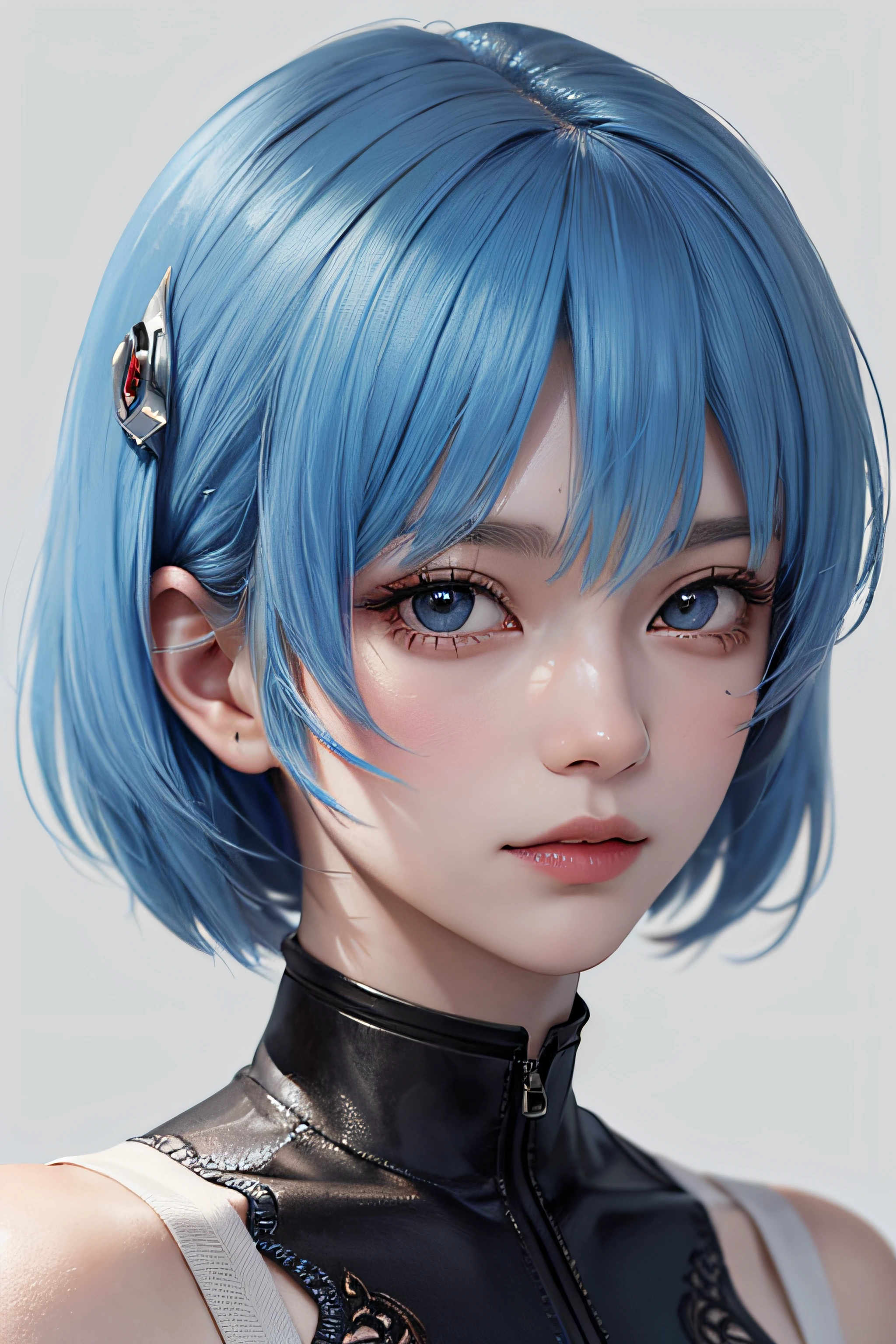 Masterpiece, Best Quality, 8K, Detailed Skin Texture, Detailed Cloth Texture, Beautiful Detail Face, Intricate Detail, Ultra Detailed, Portrait of Rei Ayanami, Blue Hair, Red Eyes, Looking Afar, No Background