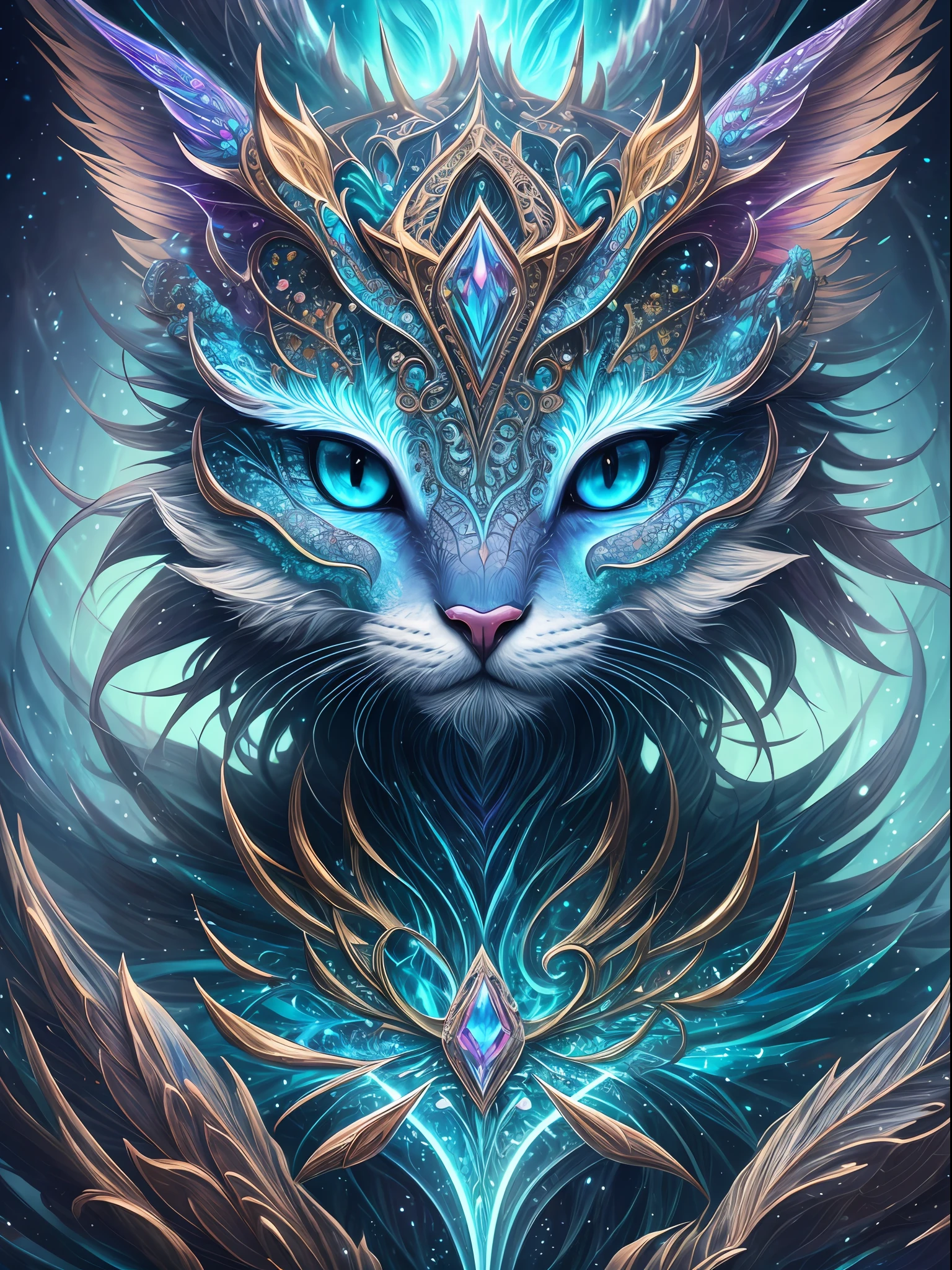 Generate a beautiful magical creature. The creature should be majestic and stunning with hires eyes and lots of intricate fantasy details. Include 8k eyes, highly detailed eyes, extremely detailed eyes, macro eyes, bright clear eyes, and sharp eyes. The image should be a masterpiece and contain fantasy vibes and phantasmal iridescence.