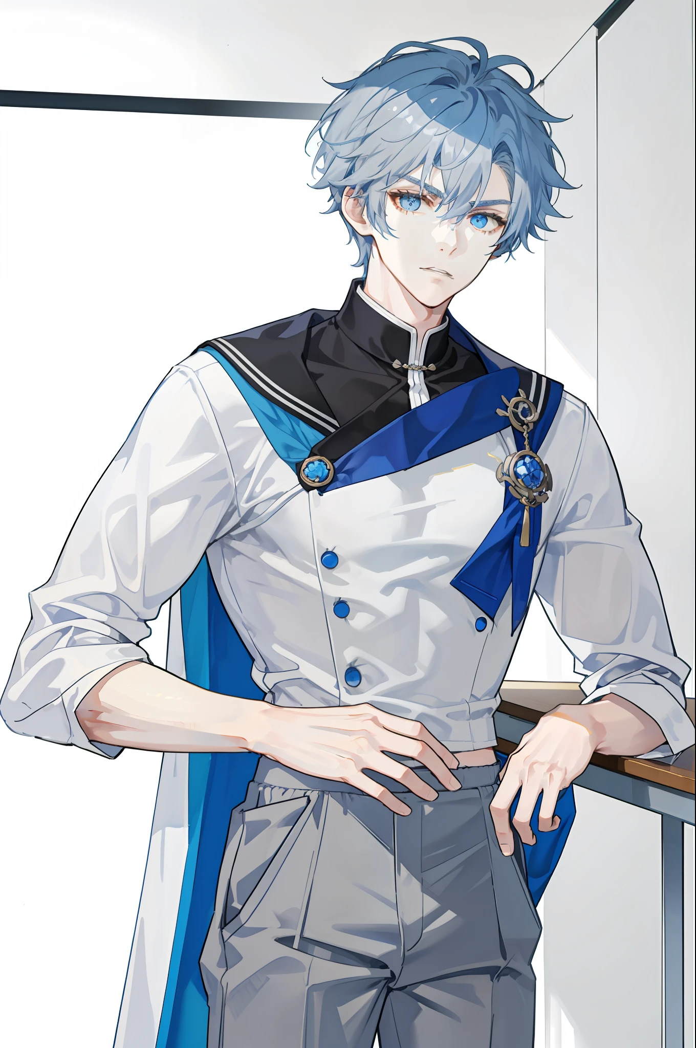 3boys, [detailed background (classroom, school, korean school, Seoul], blue hair, pastel blue hair, short blue hair, gray hair, indigo hair, lean and muscular male, alpha male, masculine male, tall male, teenager ((man wears an white korean school uniform, gray trousers)), correct limbs, correct anatomy, handsome, Eye details, beautiful eyes, delicate eyes, blue eyes, avoid different eyes, broad chest, broad shoulders, tiny waist, long legs, serious face
