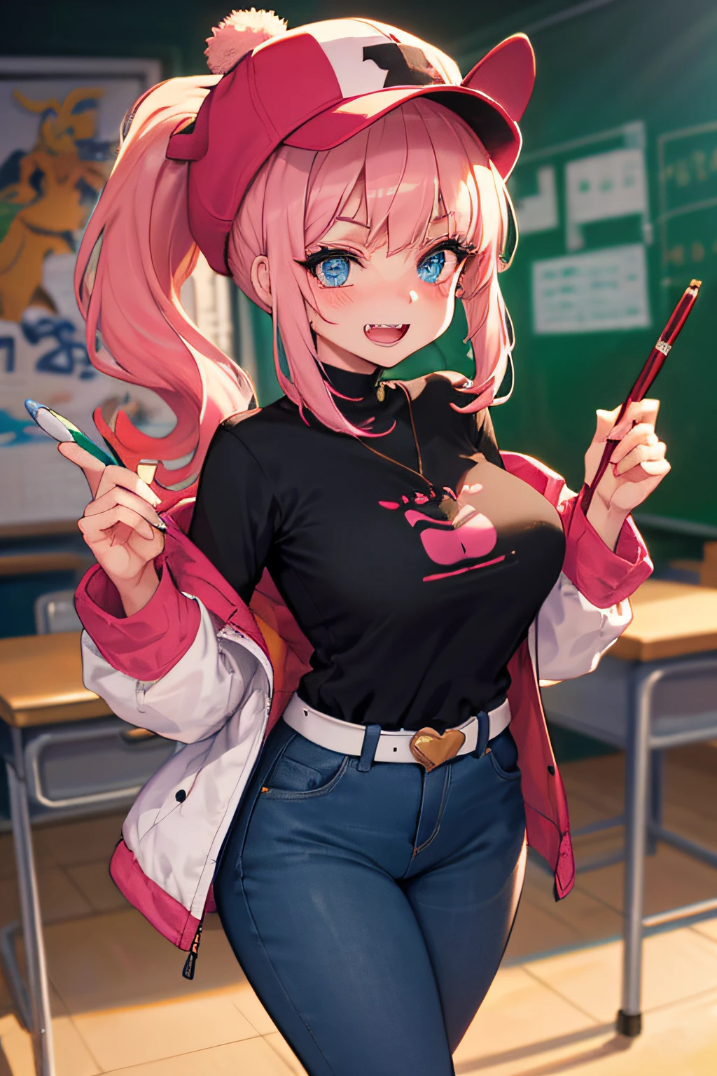 Original Character, Volumetric Lighting, Best Shadow, Shallow Depth of Field, Portrait of a Stunning Girl, Petite, Delicately Beautiful Face, Pink Hair, Charming Blue Eyes, Messy Painted Face, Sharp Eyebrows, Bright Smile, Open Mouth, Fangs Exposed, Cute Medium Breasts, Layered Long Ponytail Blonde, Blushing Eye Shadow, Thick Eyelashes, Applejack Hat, Oversized Pop Jacket, Mini Underboob Tee, Crop Button, Slim Waist, Jeans, With a buckled belt, In The Graffiti Alley, desk, classroom, holding a pencil, standing, (highest quality, amazing detail: 1.25), (solo: 1.3), brilliant and colorful paintings