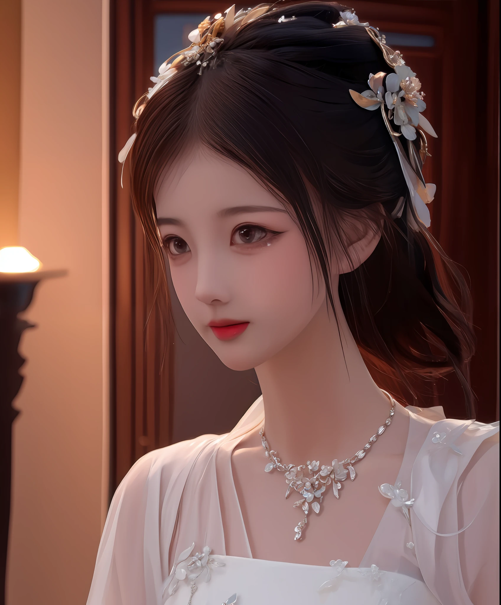 Best quality, masterpiece, high resolution, 1girl, porcelain dress, hair accessories, necklace, jewelry, beautiful face, on the body, Tyndall effect, realistic, dark studio, edge lighting, two-tone lighting, (high detail skin: 1.2), 8k UHD, dslr, soft light, high quality, volumetric light, candid, photo, high resolution, 4k, 8k, background blur,