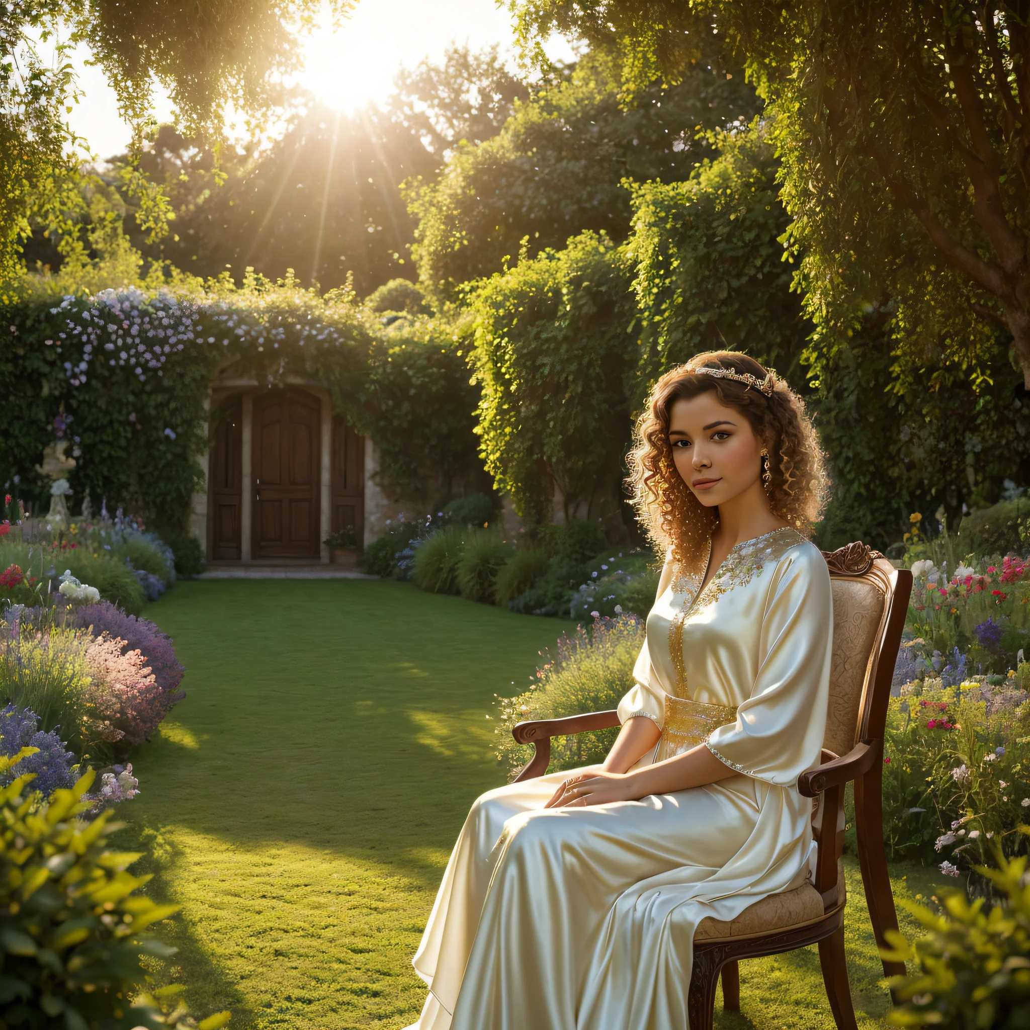 A princess with curly blonde hair, sitting on a throne of flowers, looking out at the horizon with sparkling brown eyes, dressed in silk clothes, in a magical castle garden, with the light of the setting sun reflecting off her face. High-quality, realistic image
