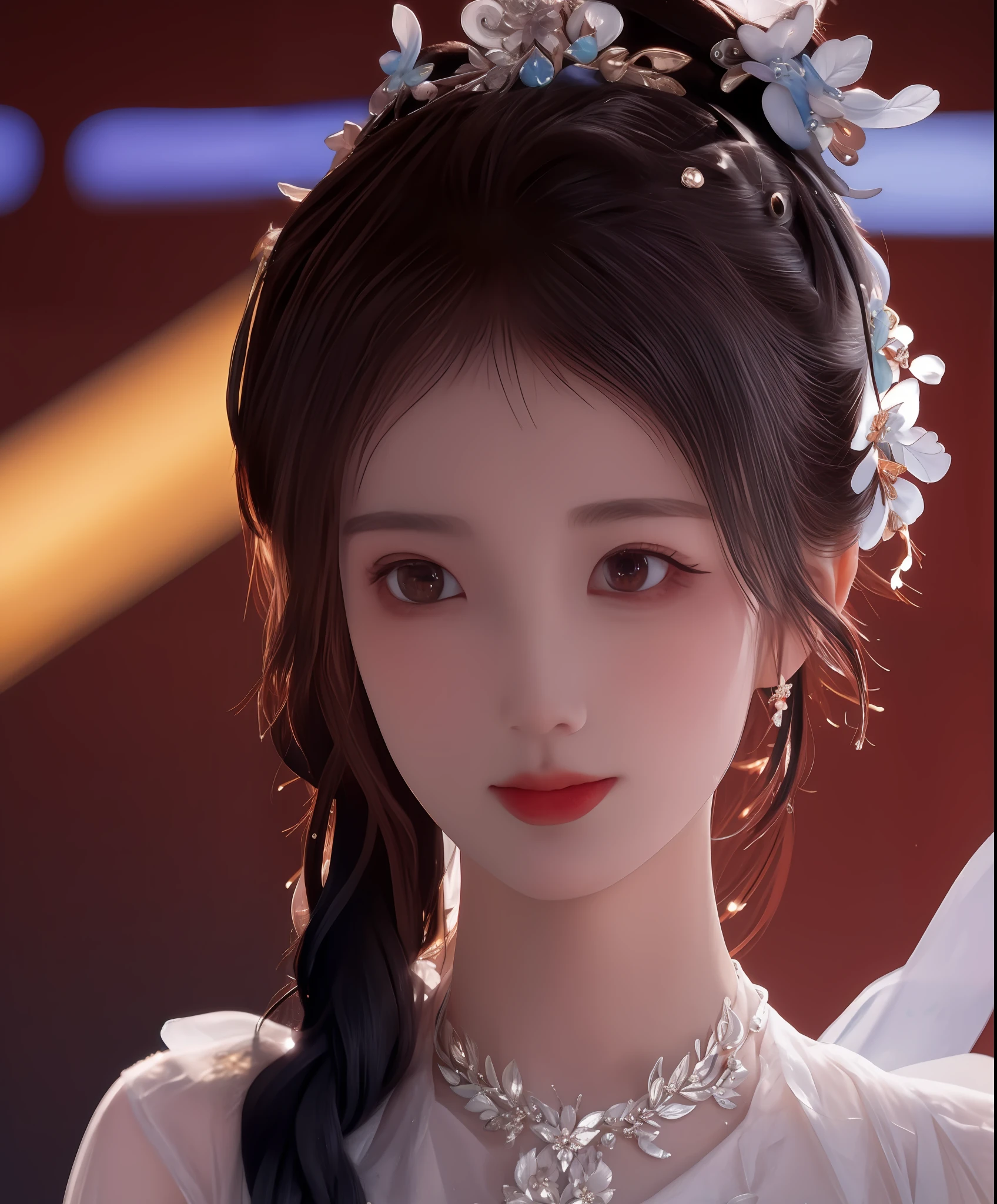 Best quality, masterpiece, high resolution, 1girl, porcelain dress, hair accessories, necklace, jewelry, beautiful face, on the body, Tyndall effect, realistic, dark studio, edge lighting, two-tone lighting, (high detail skin: 1.2), 8k UHD, dslr, soft light, high quality, volumetric light, candid, photo, high resolution, 4k, 8k, background blur,
