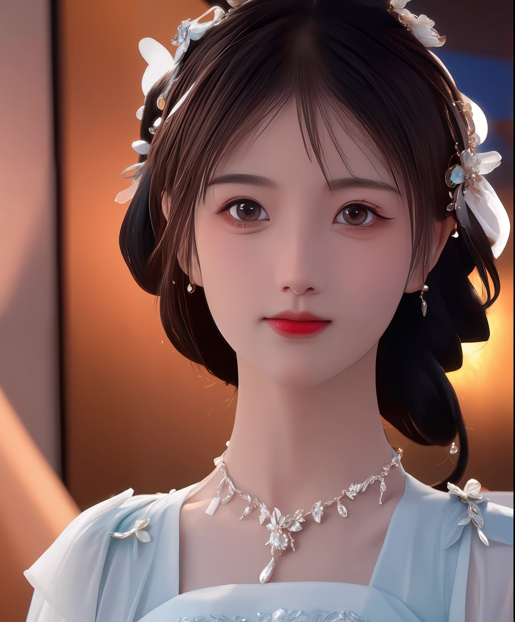 Best quality, masterpiece, high resolution, 1girl, porcelain dress, hair accessories, necklace, jewelry, beautiful face, on the body, Tyndall effect, realistic, dark studio, edge lighting, two-tone lighting, (high detail skin: 1.2), 8k UHD, dslr, soft light, high quality, volumetric light, candid, photo, high resolution, 4k, 8k, background blur,