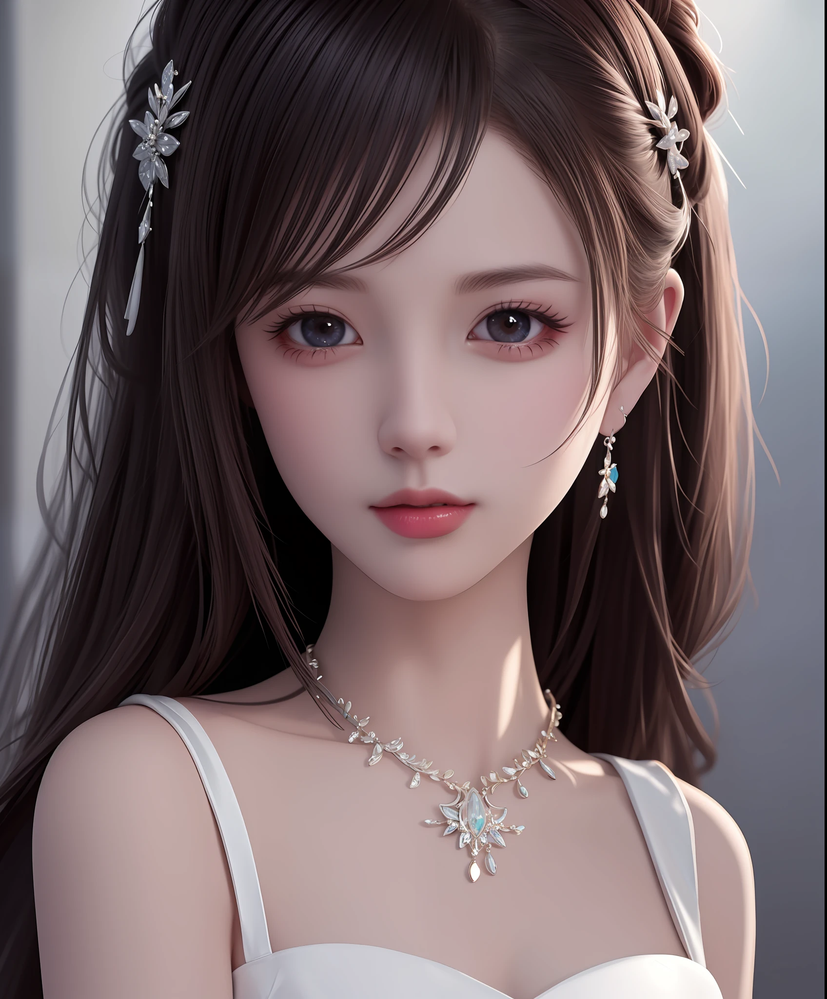 Best quality, masterpiece, high resolution, 1girl, porcelain dress, hair accessories, necklace, jewelry, beautiful face, on the body, Tyndall effect, realistic, dark studio, edge lighting, two-tone lighting, (high detail skin: 1.2), 8k UHD, dslr, soft light, high quality, volumetric light, candid, photo, high resolution, 4k, 8k, background blur,